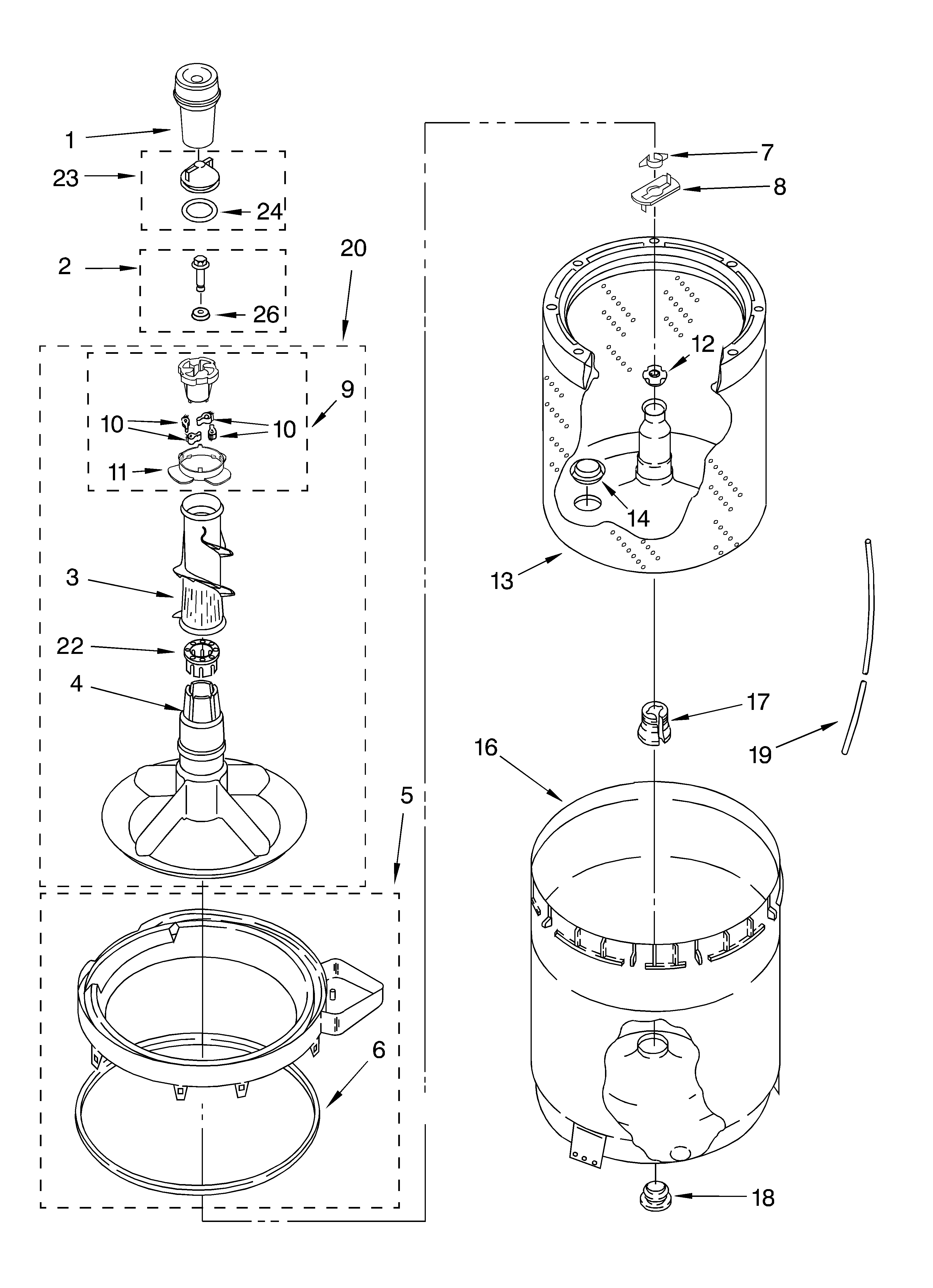 Agitator, basket and tub
