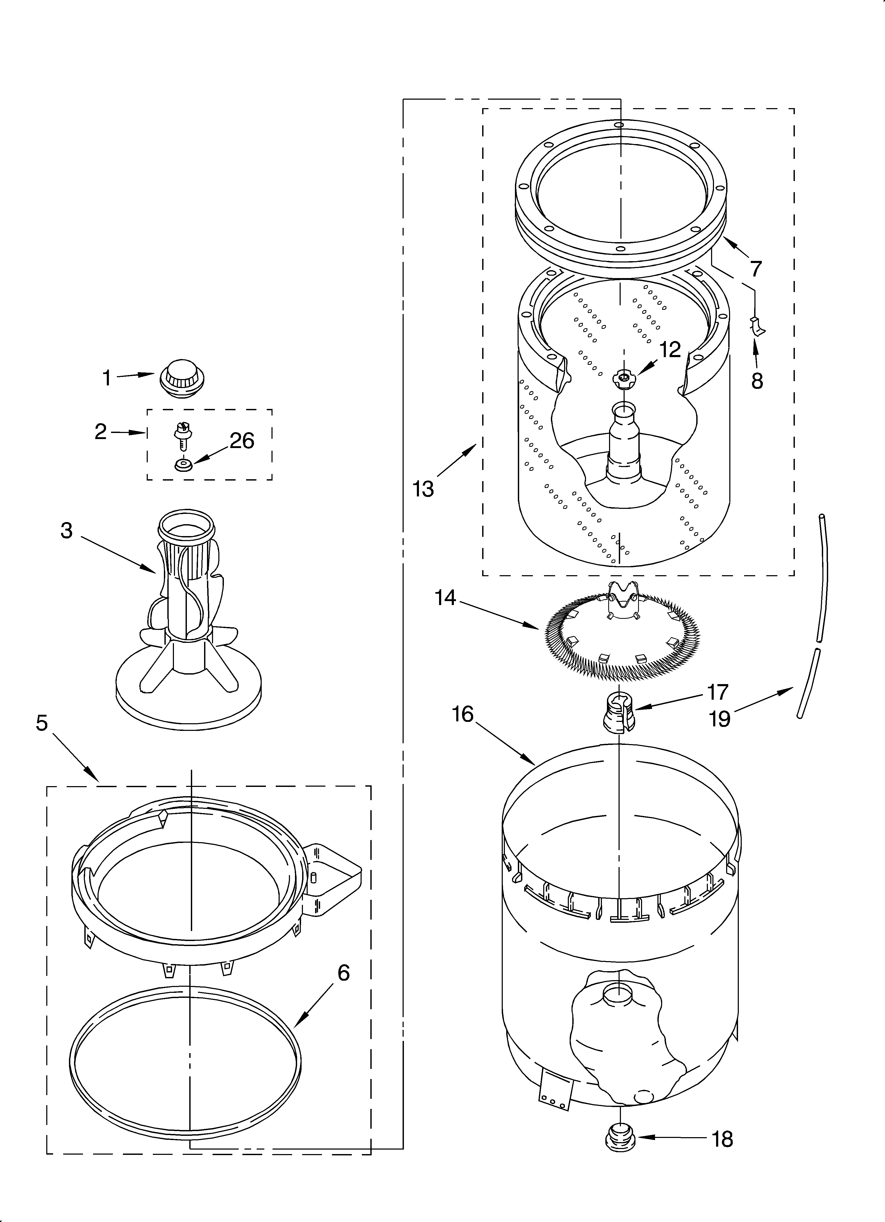 Agitator, basket and tub
