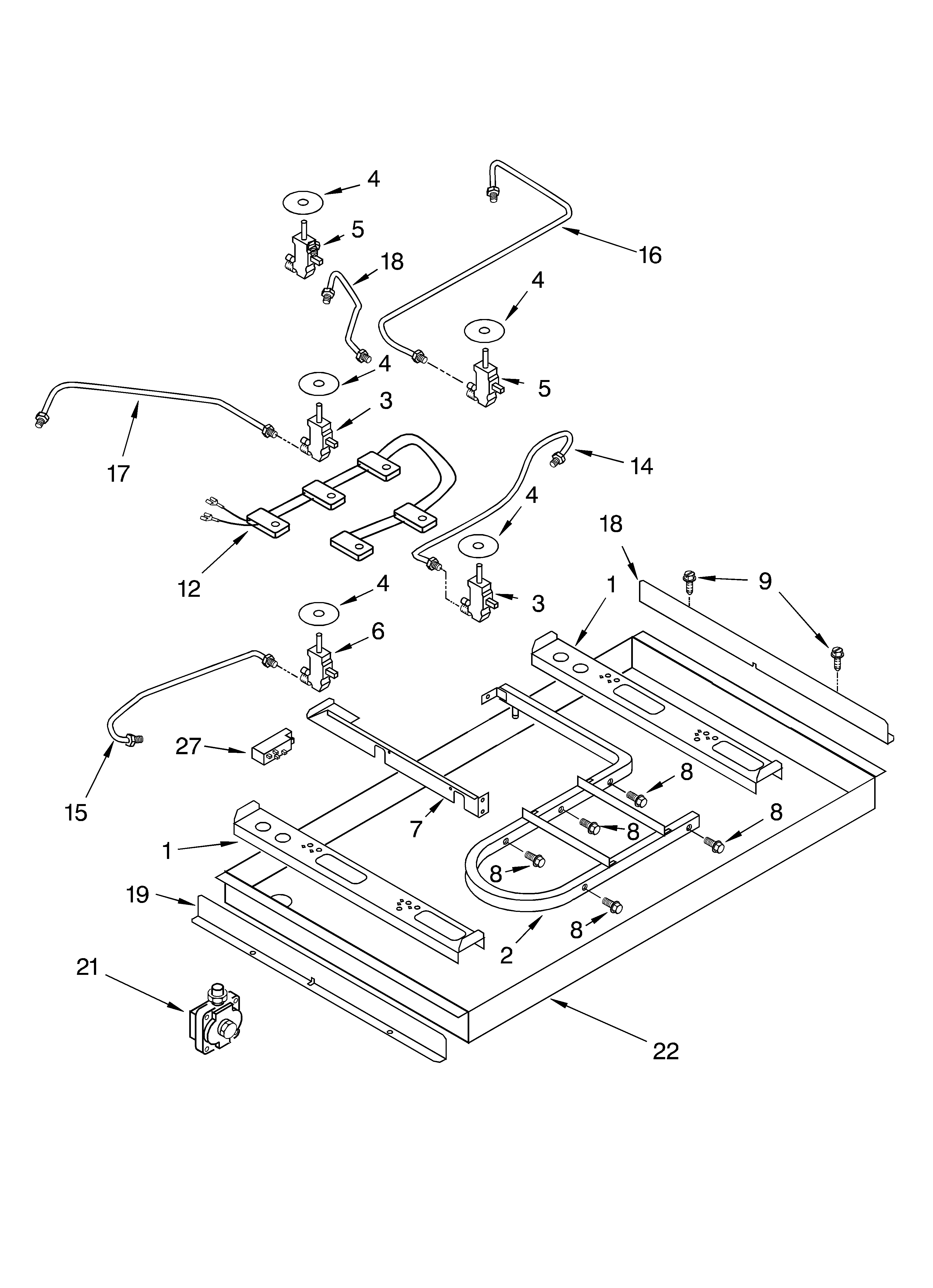 Burner box, gas valves, and switches