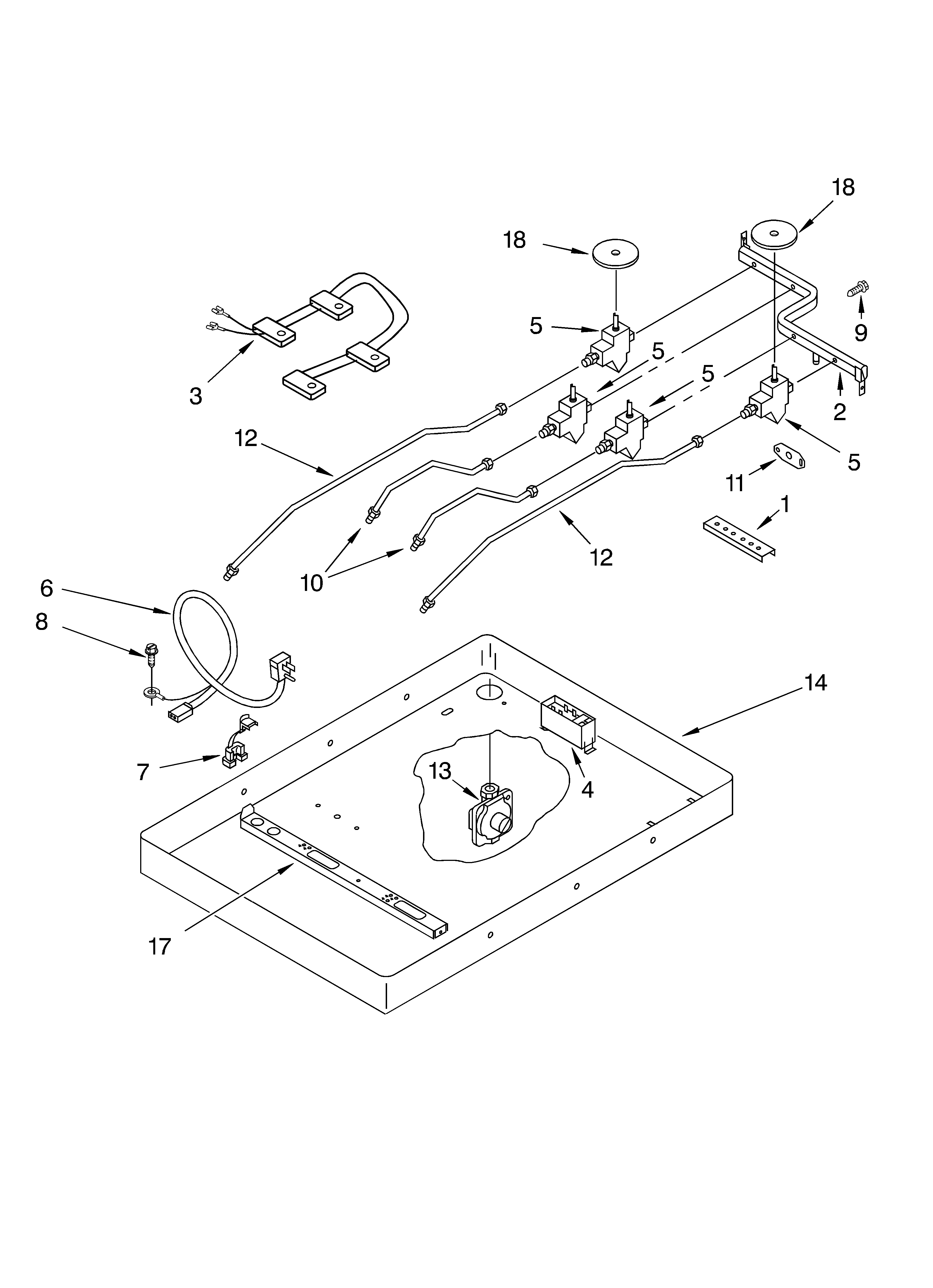Burner box, gas valves, and switches