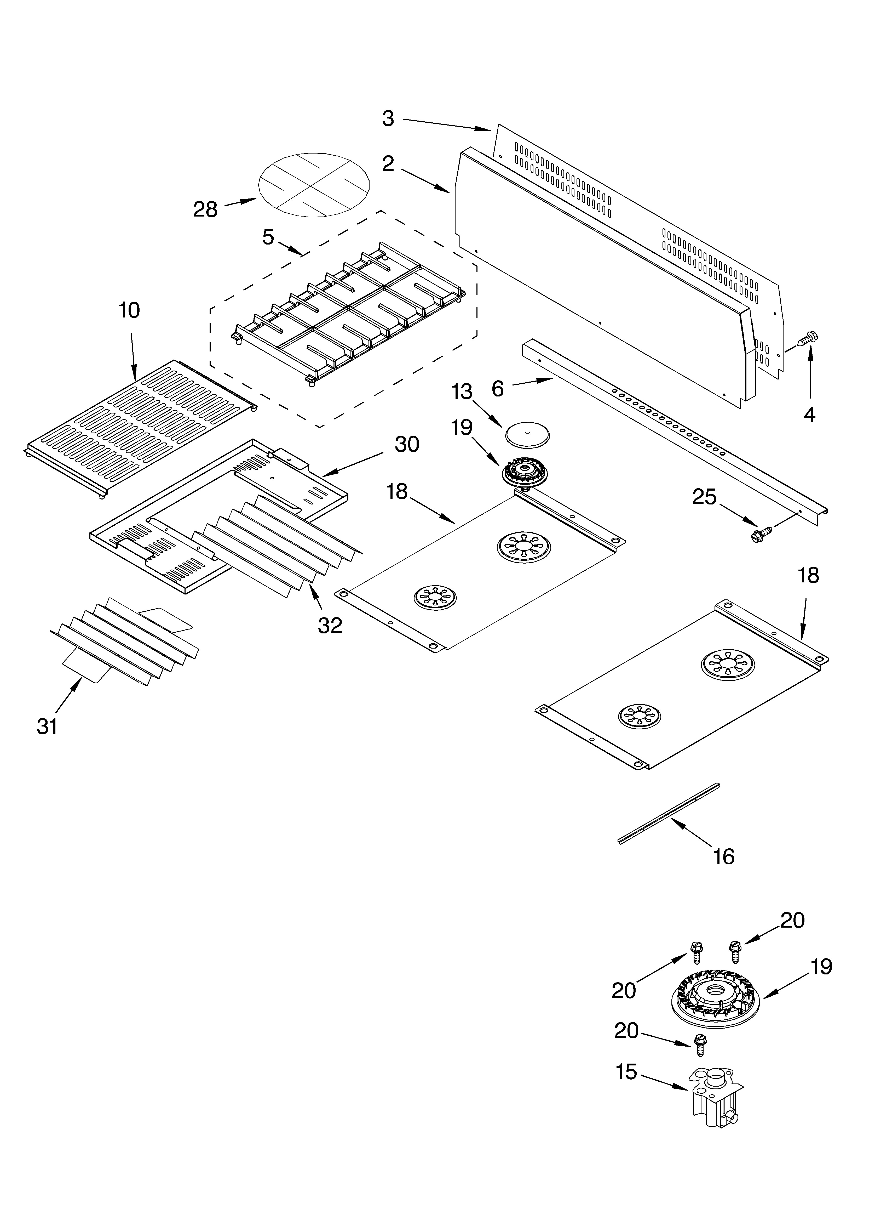 Cooktop, burner and grate
