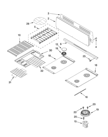 Cooktop, burner and grate