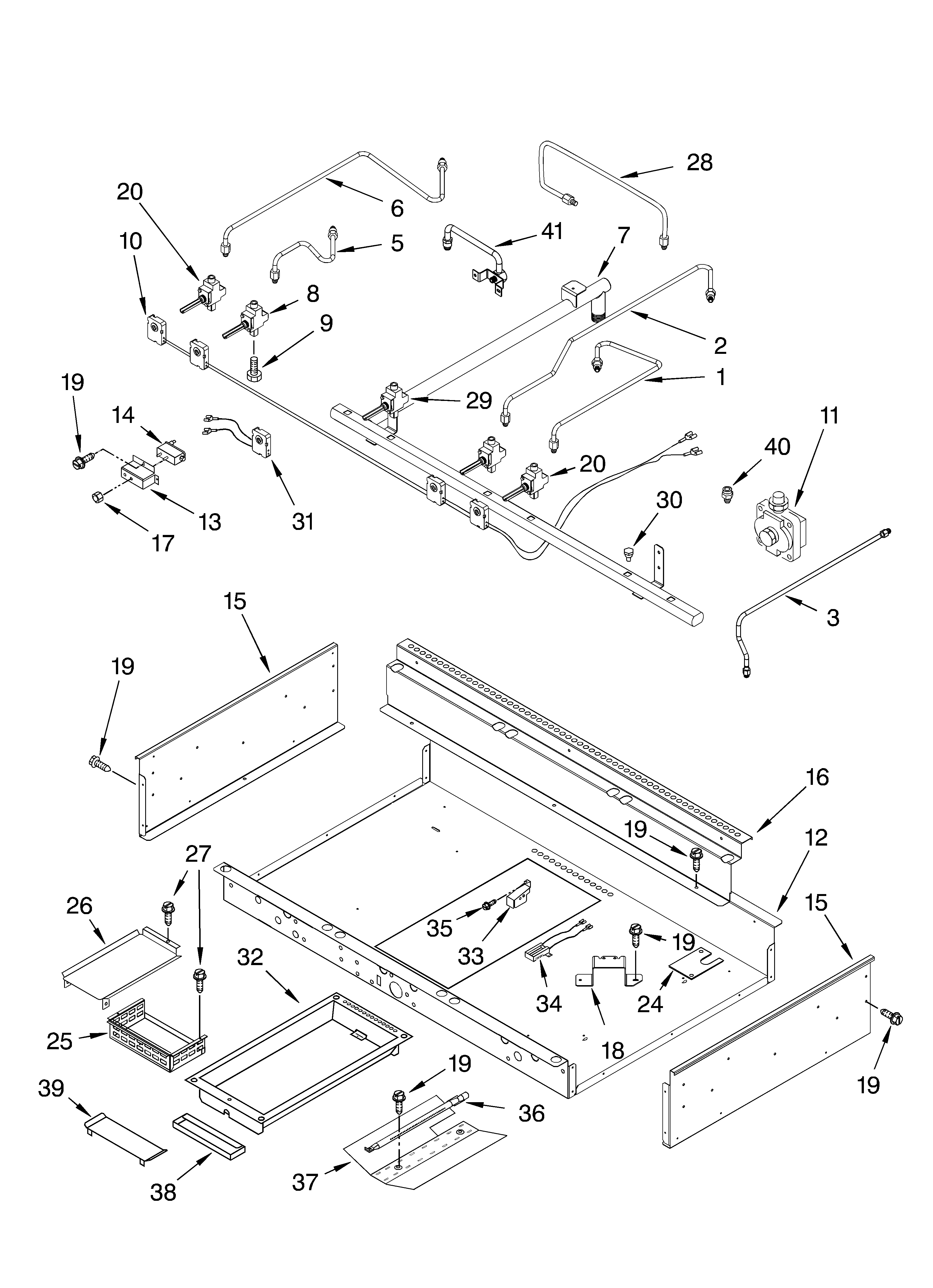 Burner box, gas valve and switches