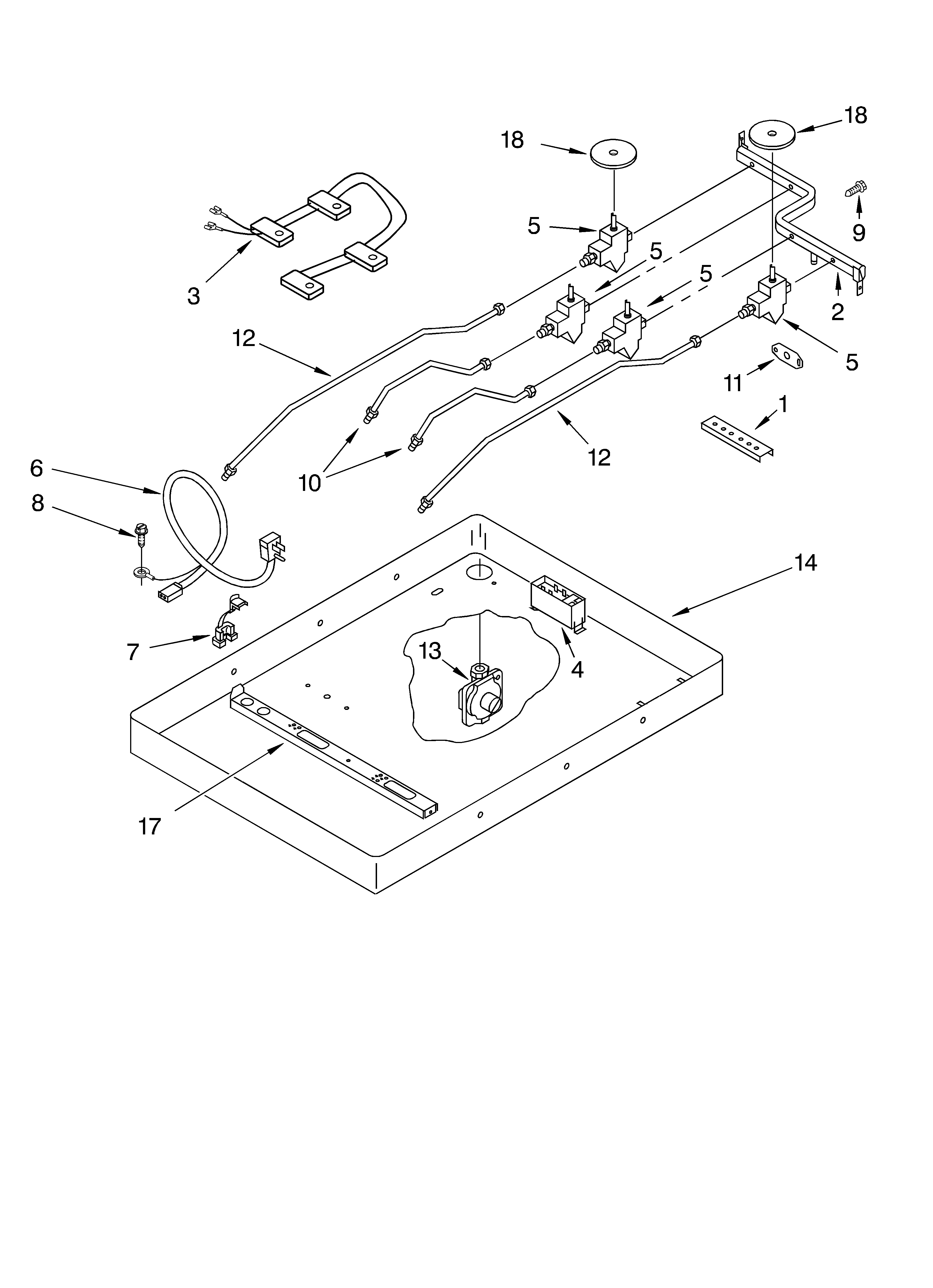 Burner box, gas valves, and switches