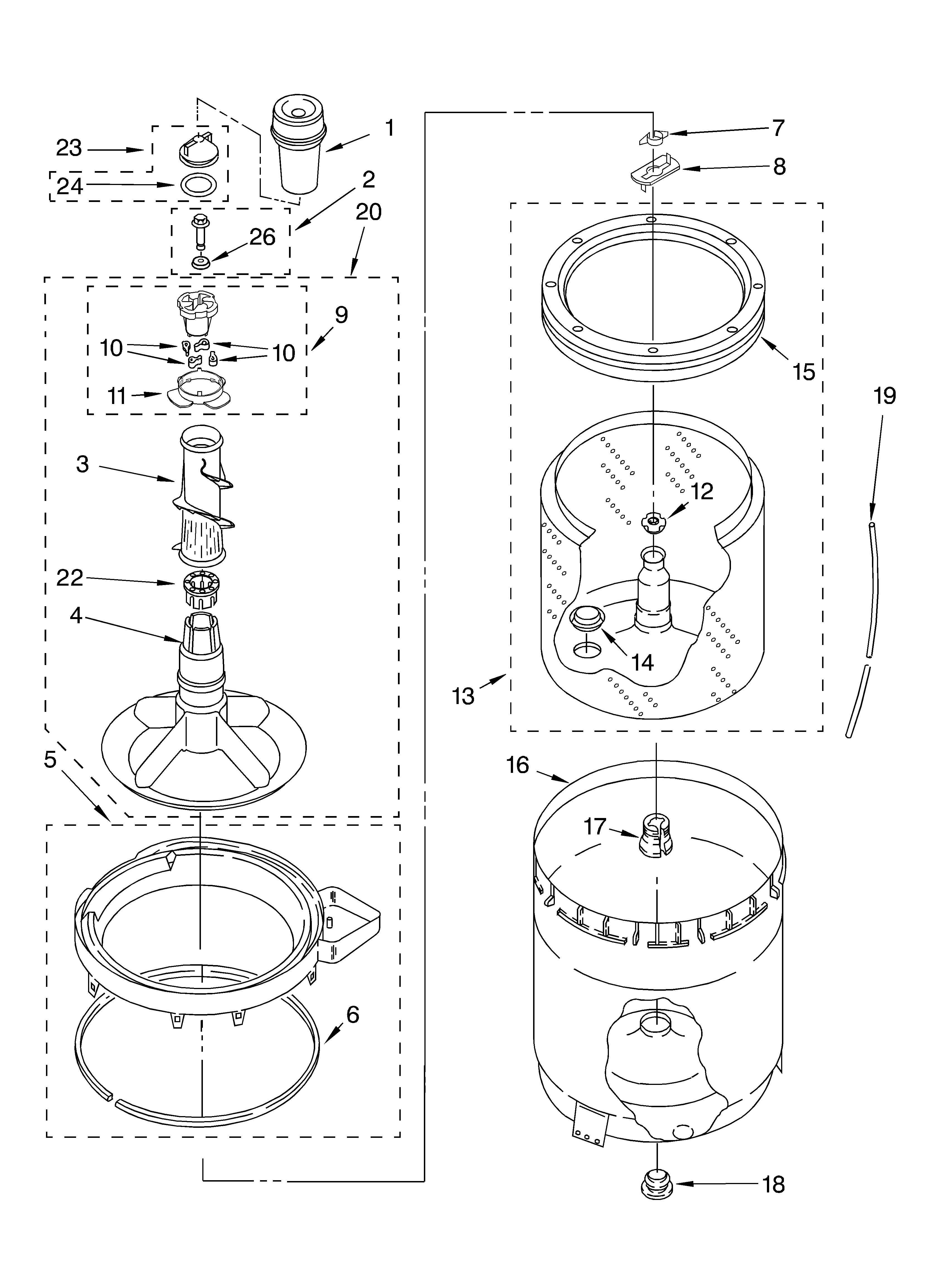 AGITATOR, BASKET AND TUB