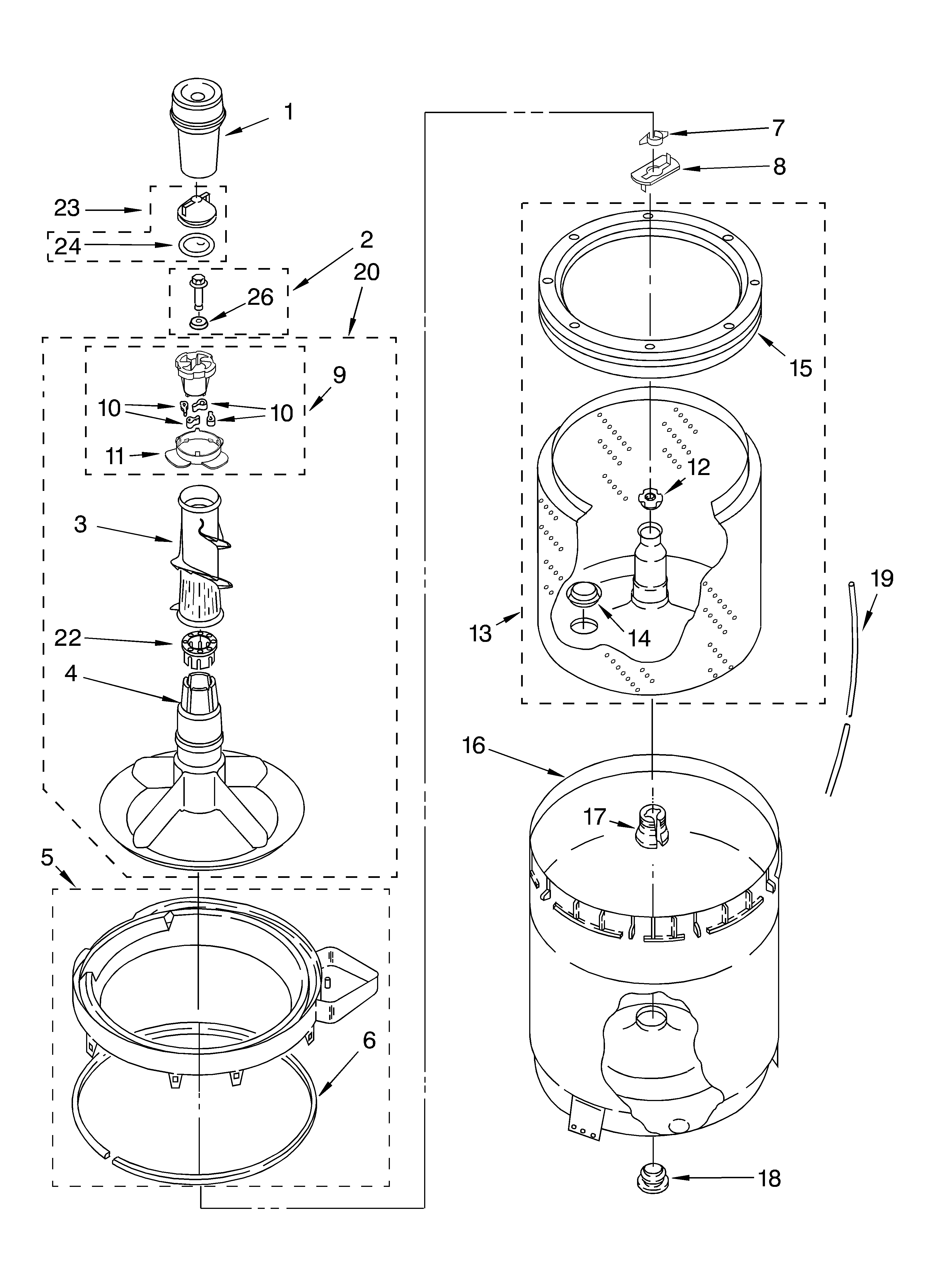 Agitator, basket and tub