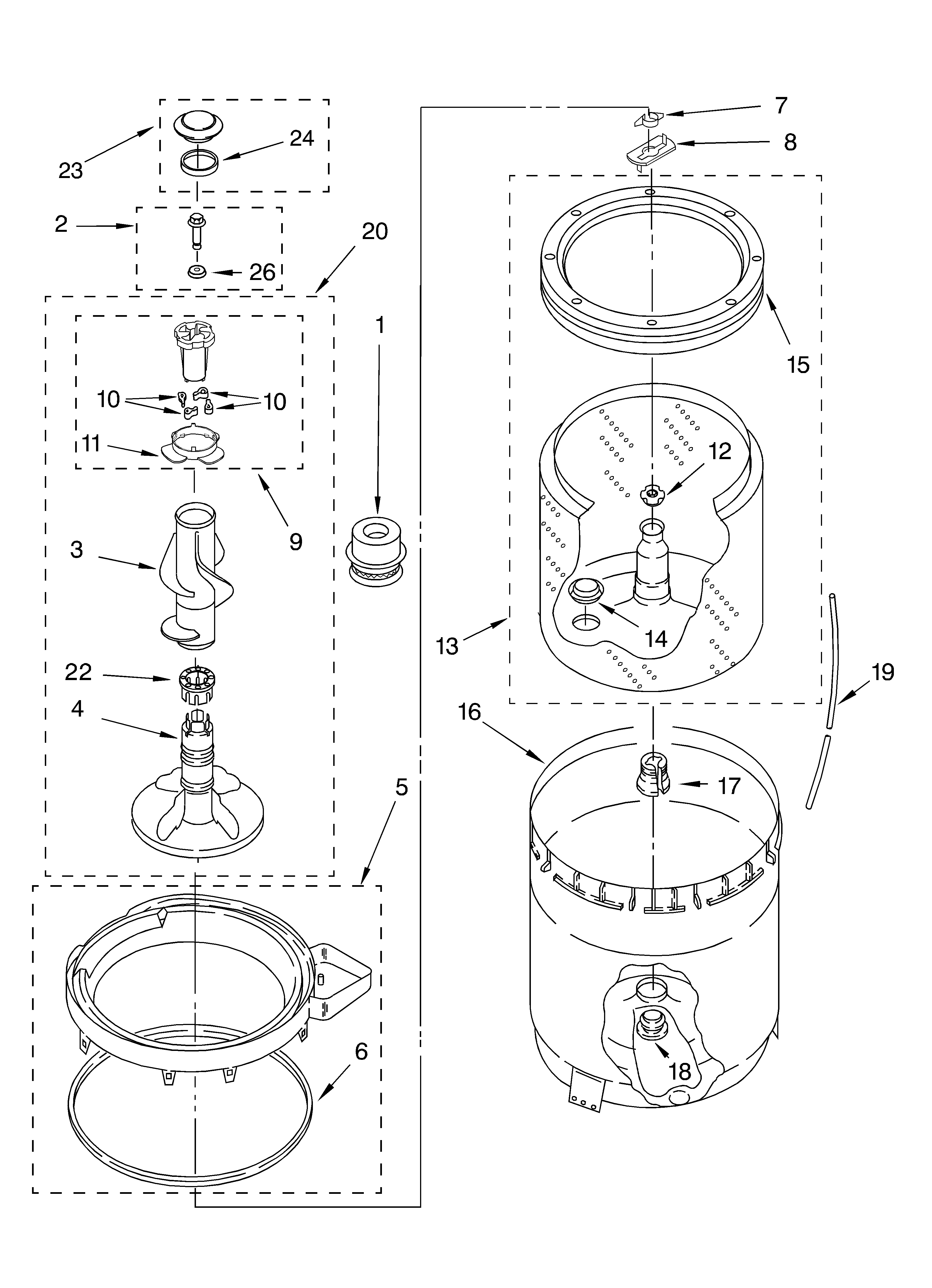 Agitator, basket and tub