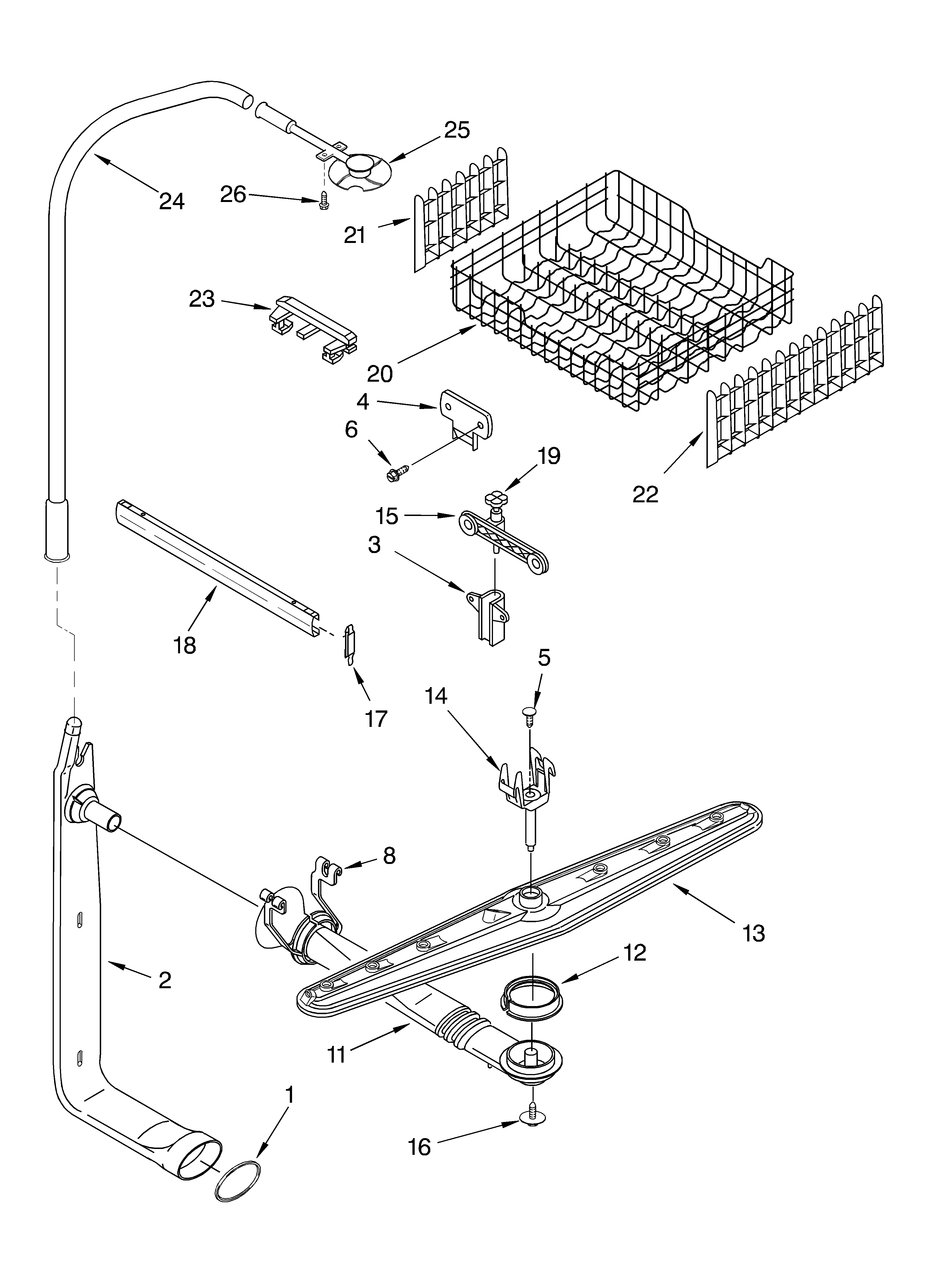 Upper dishrack and water feed parts
