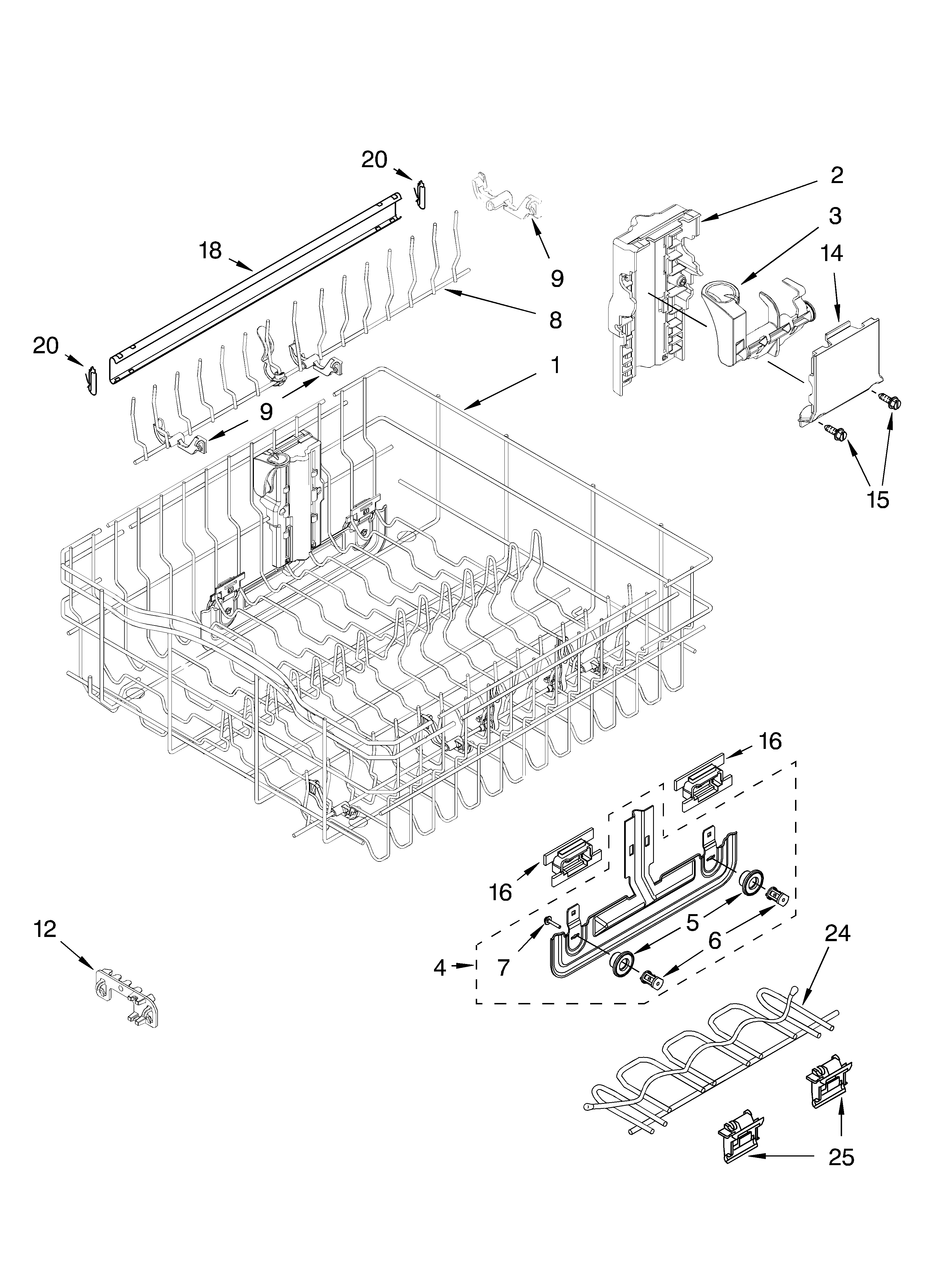 Upper rack and track parts