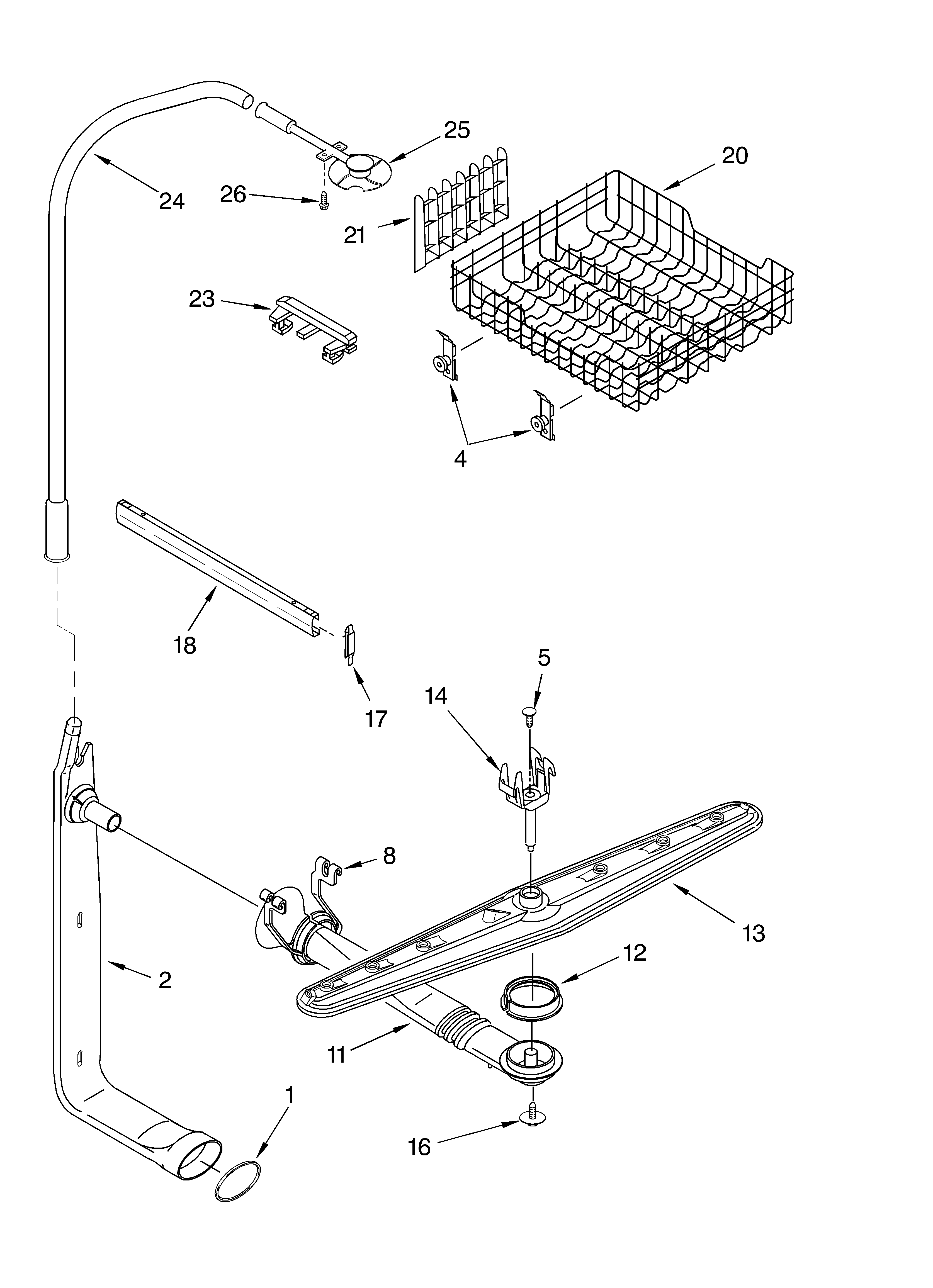 Upper dishrack and water feed parts