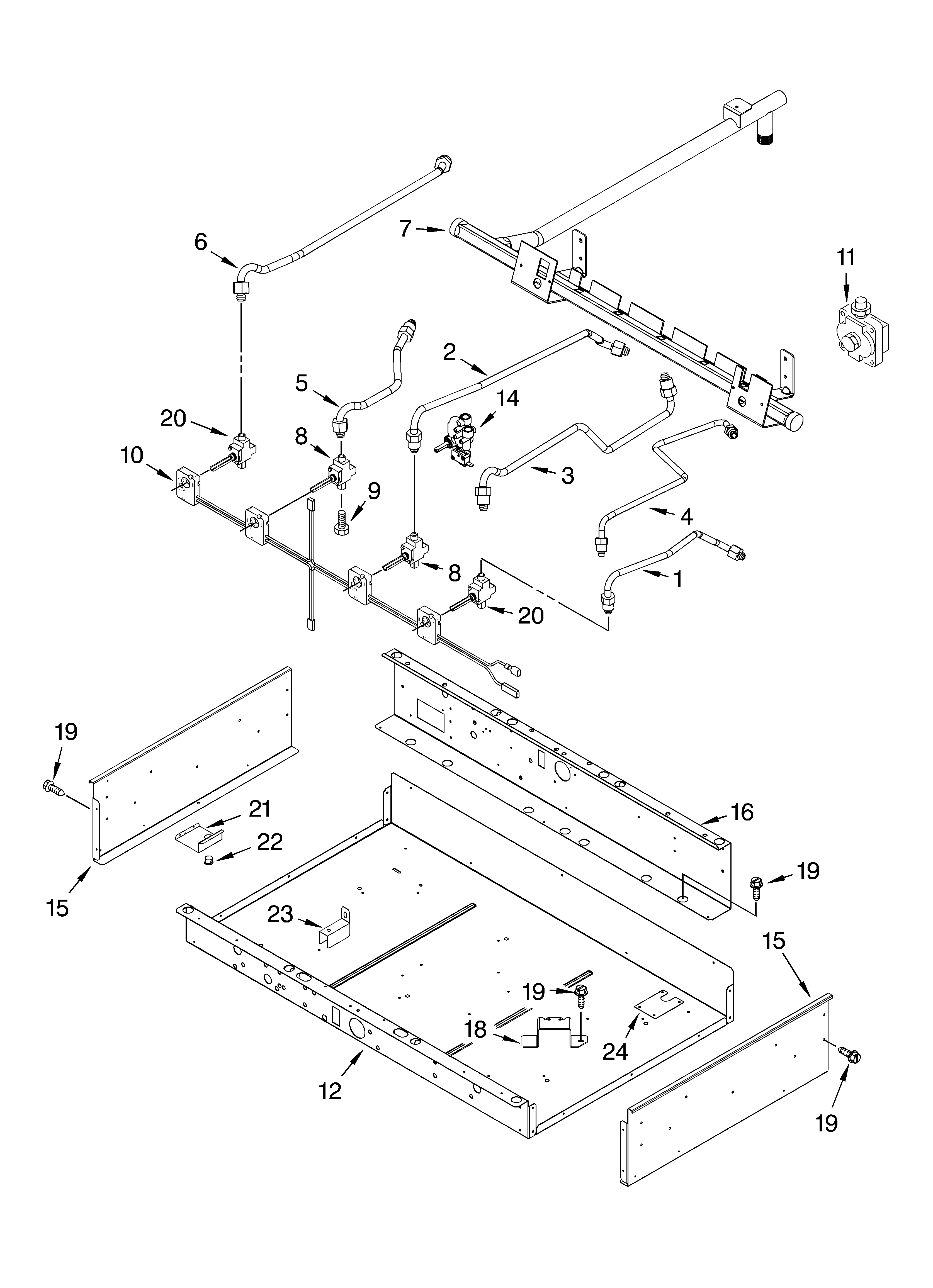 Burner box, gas valves, and switches