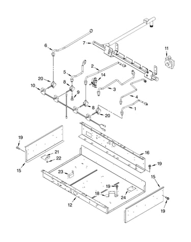 Burner box, gas valves, and switches