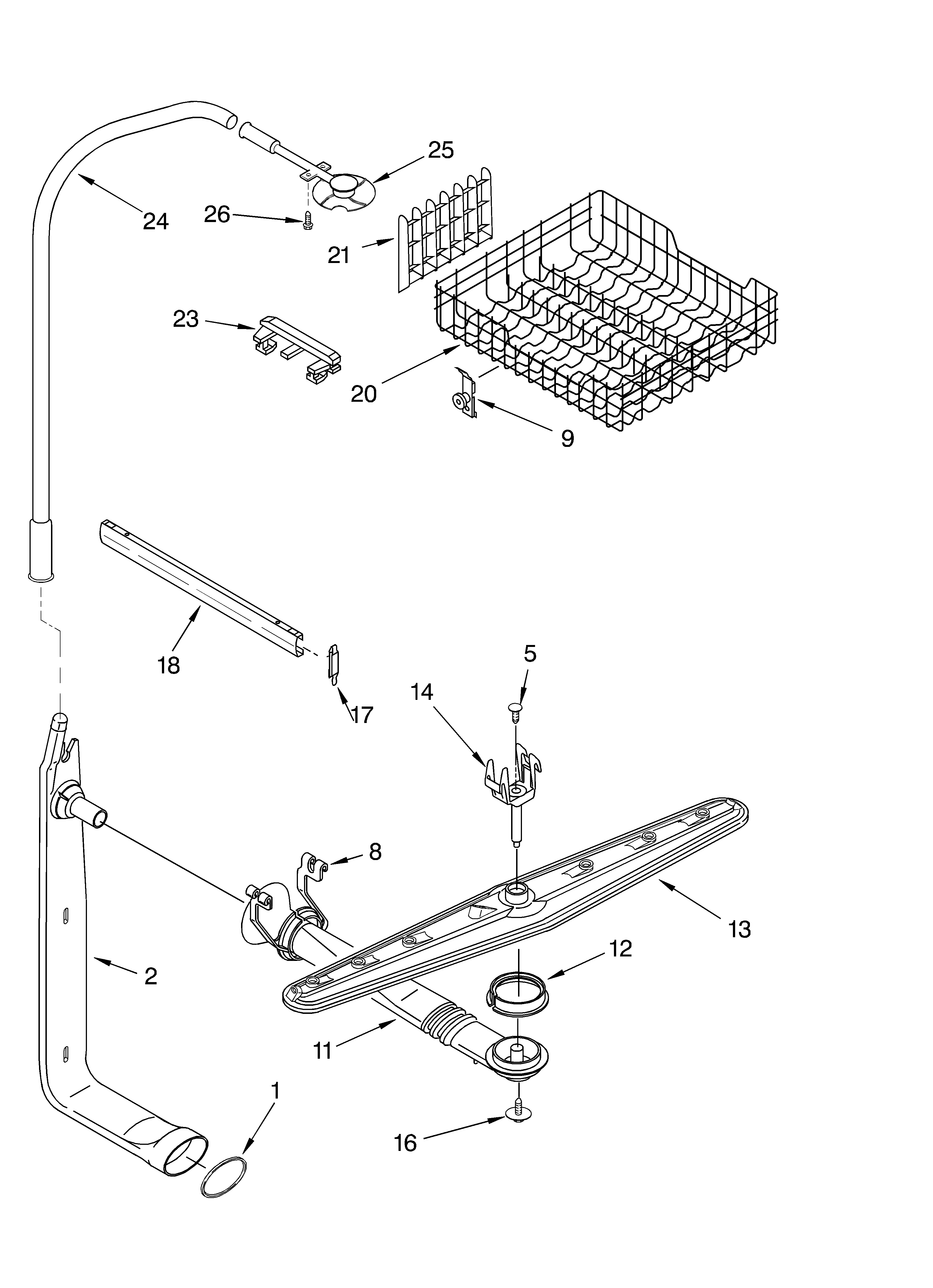 Upper dishrack and water feed parts