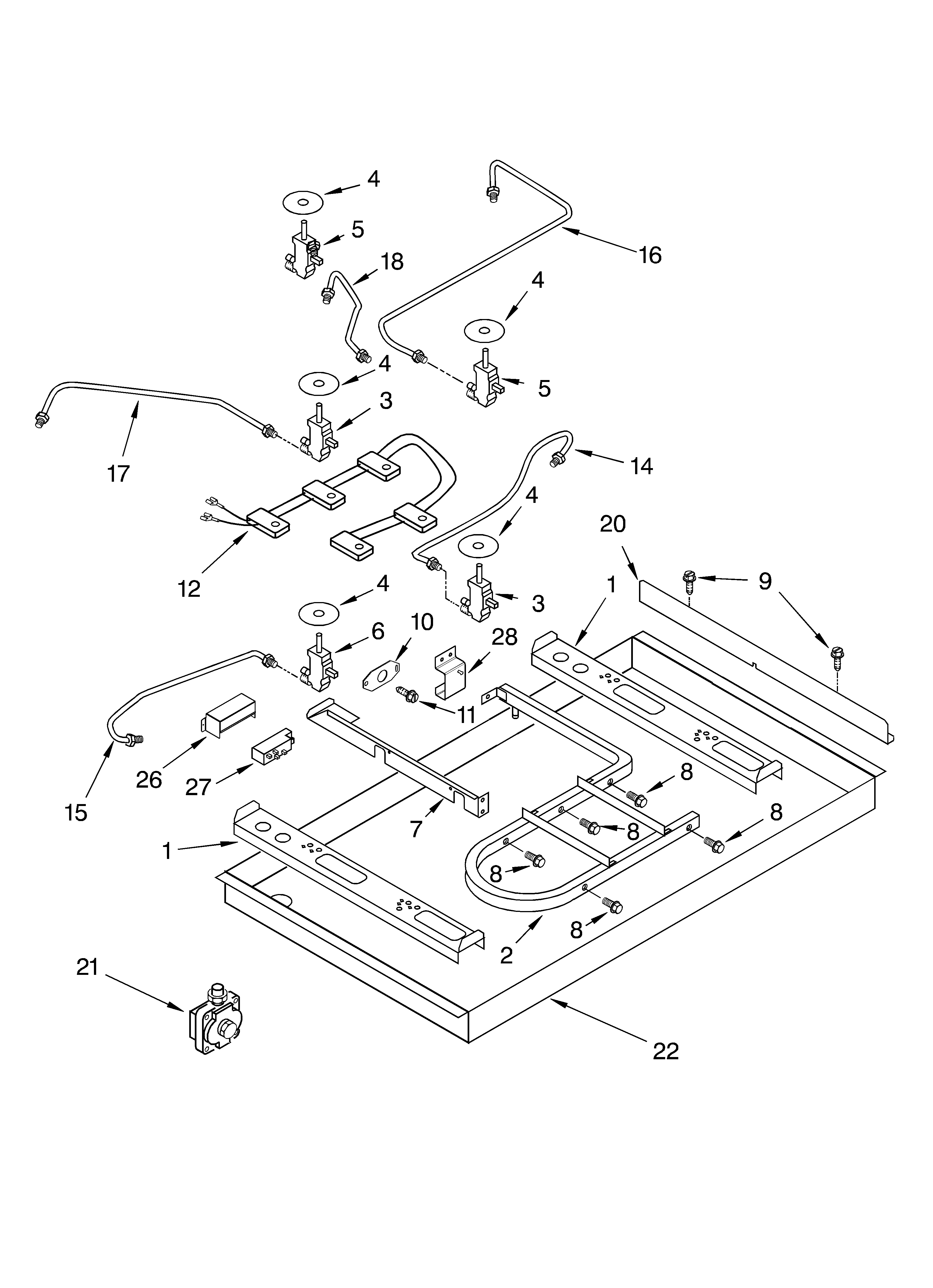 BURNER BOX, GAS VALVES, AND SWITCHES