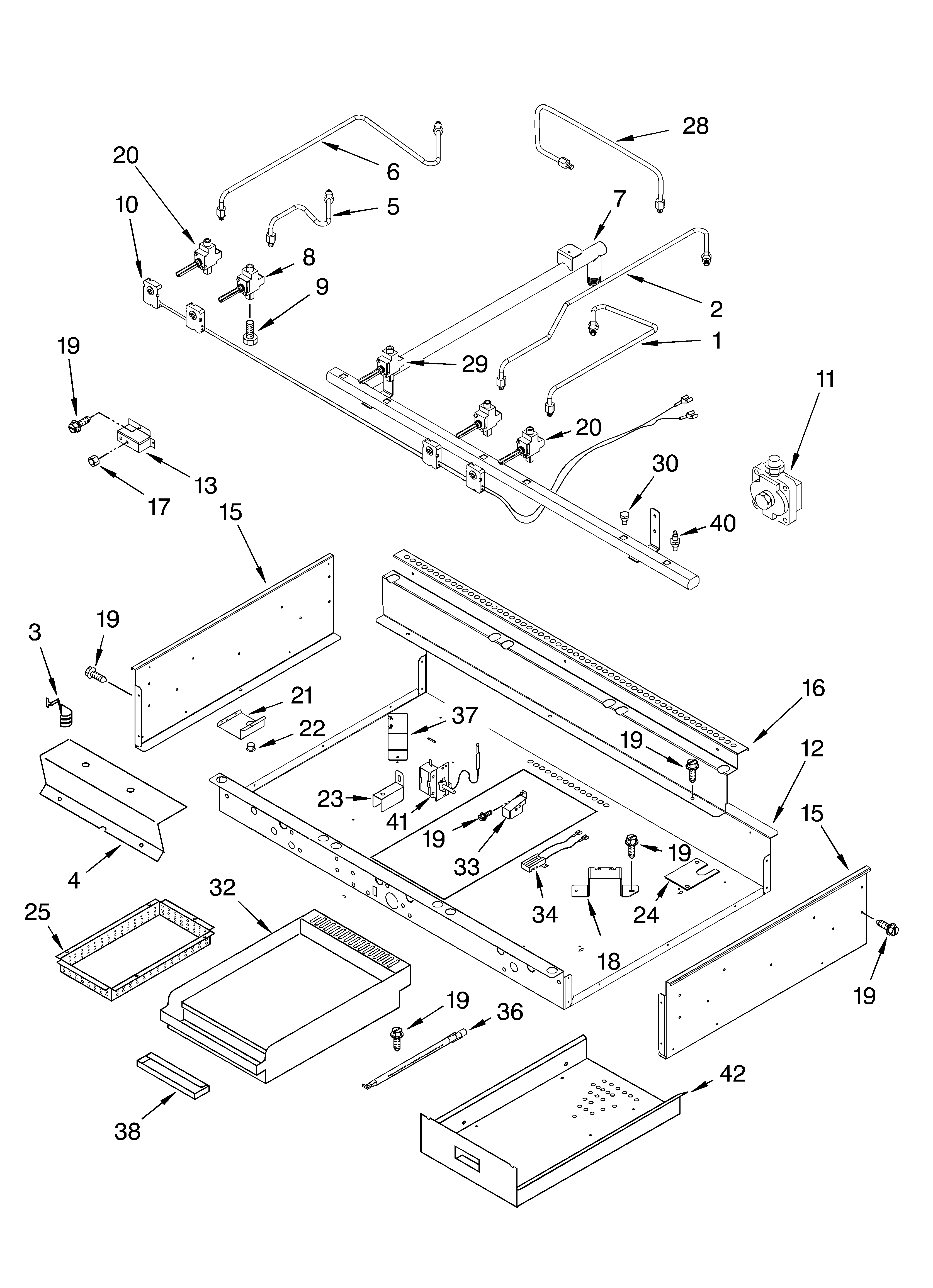 Burner box, gas valves, and switches
