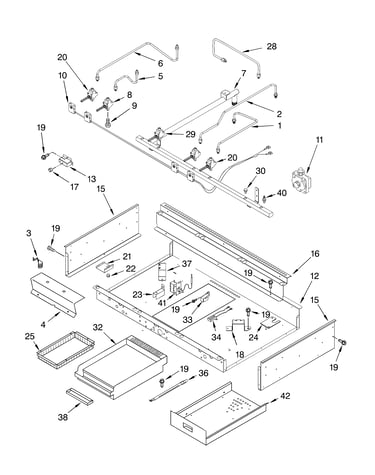 Burner box, gas valves, and switches