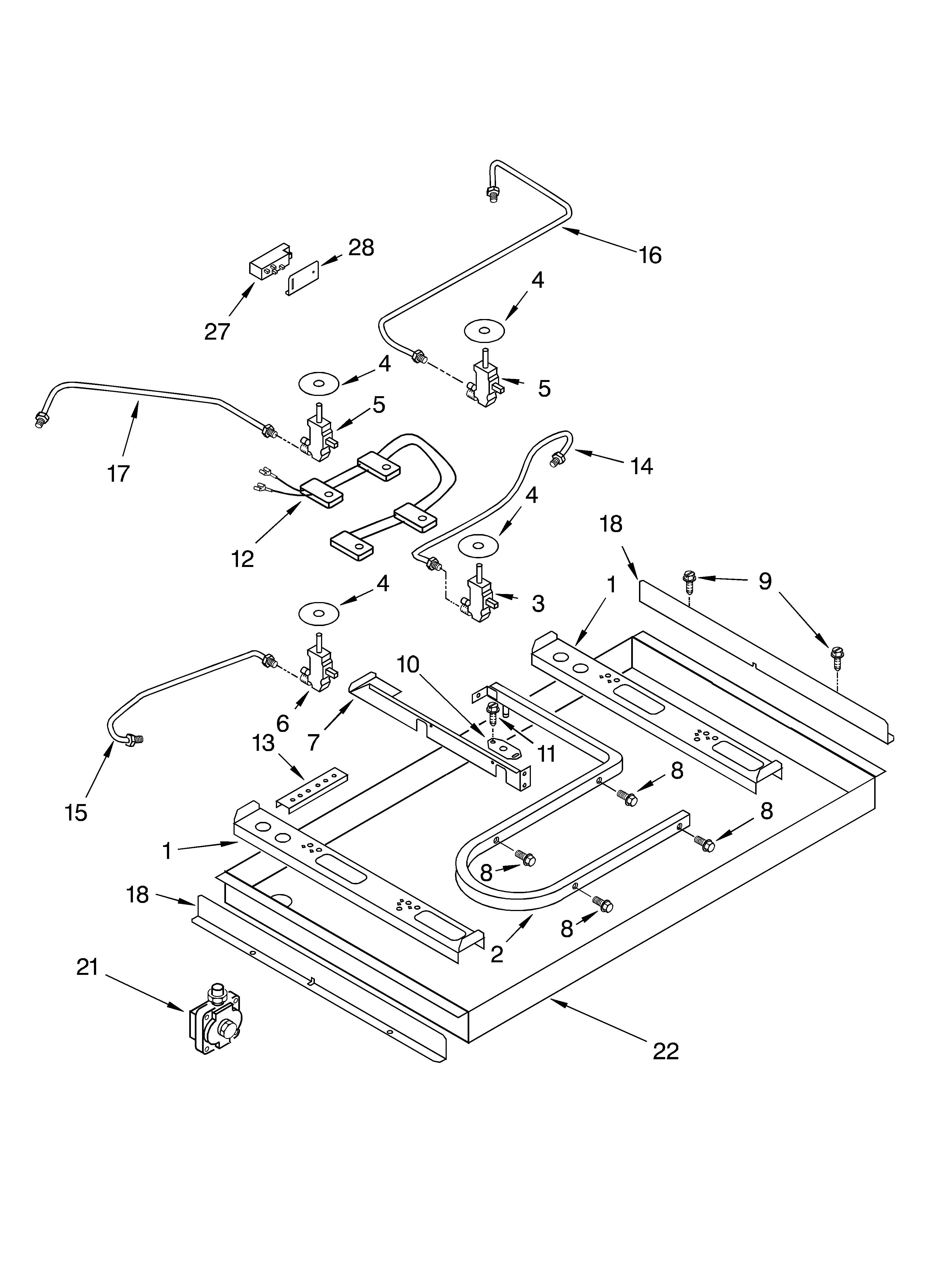 Burner box, gas valves, and switches