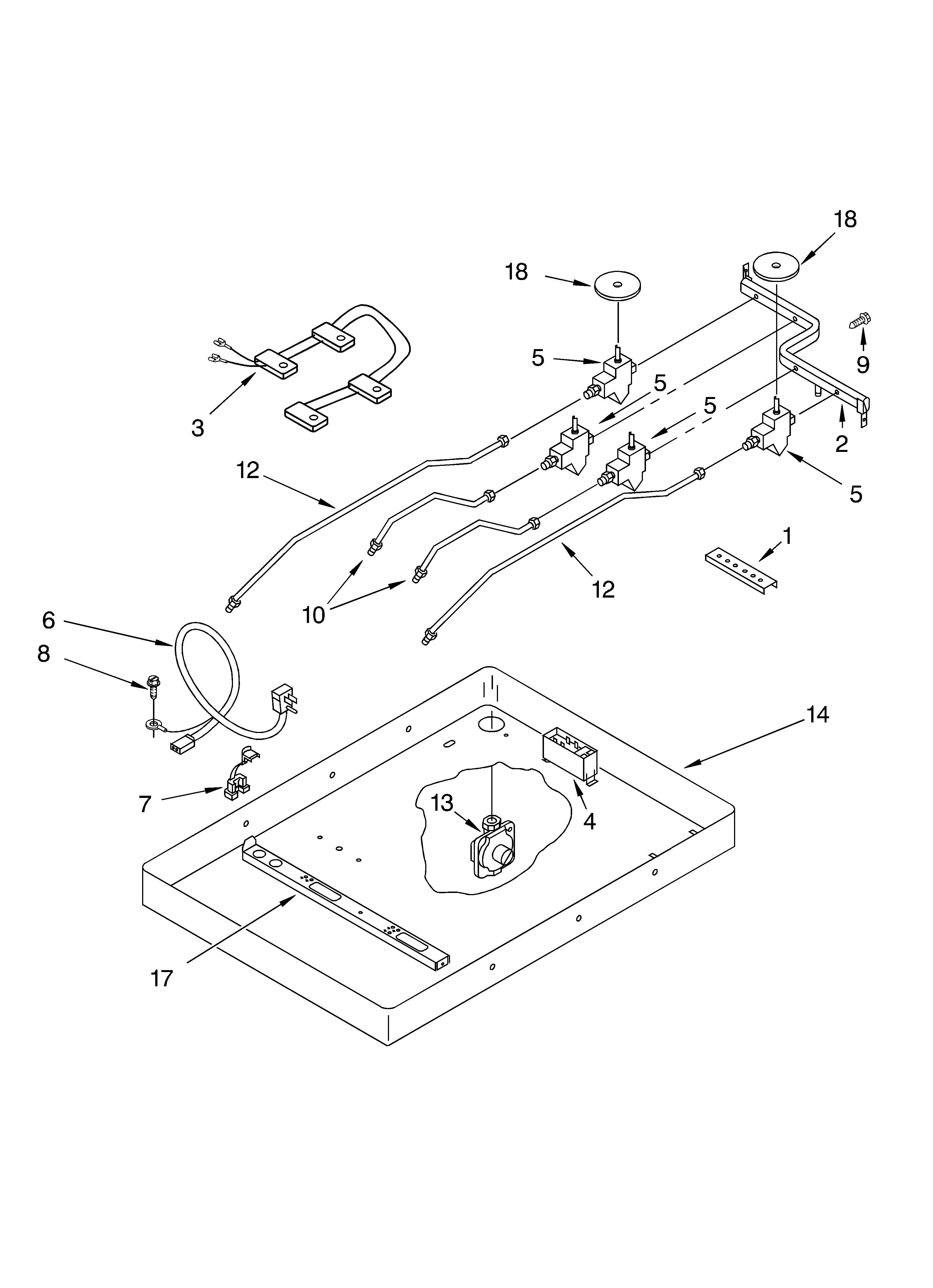 Burner box, gas valves, and switches