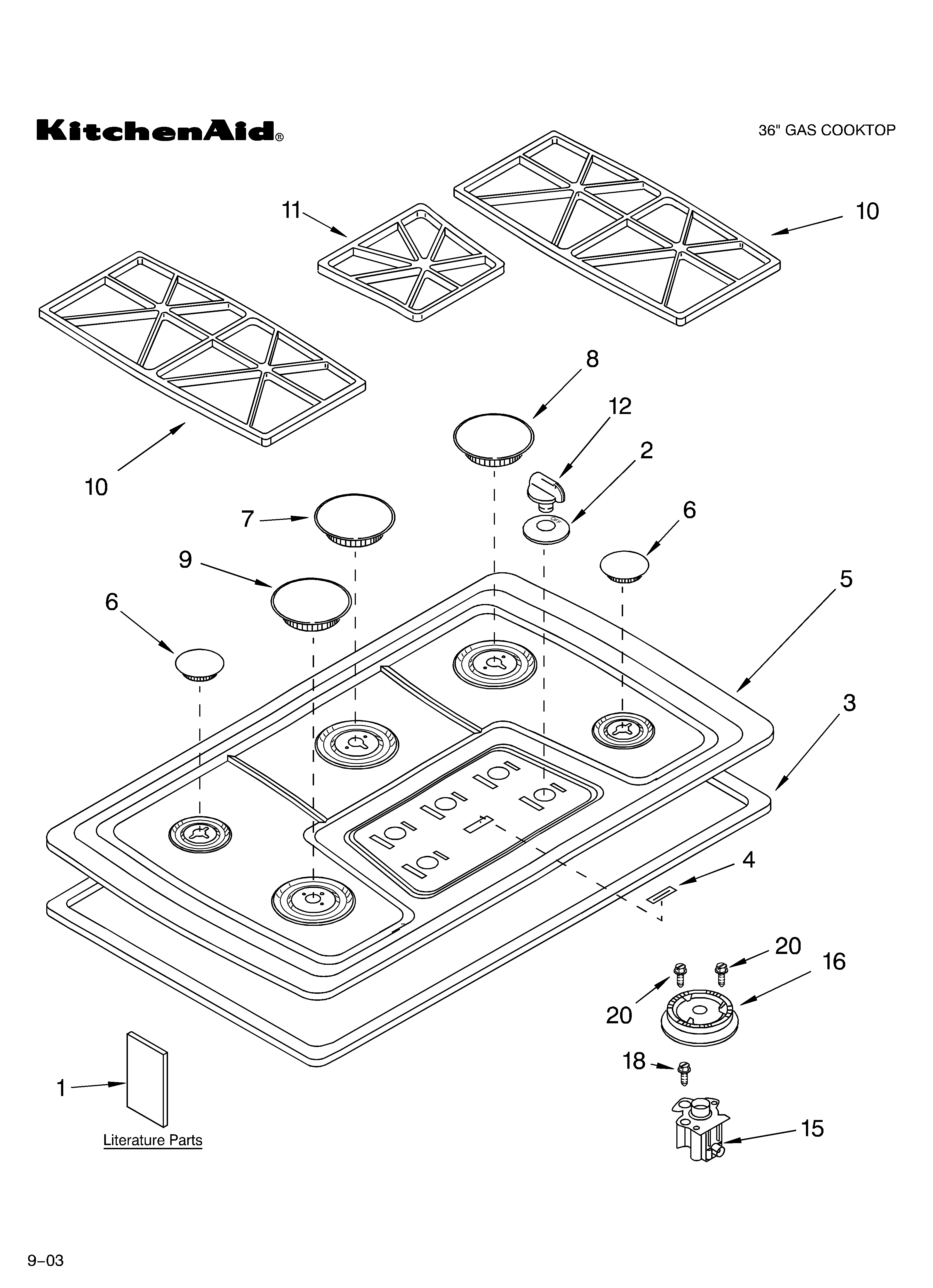 Cooktop, burner and grate parts