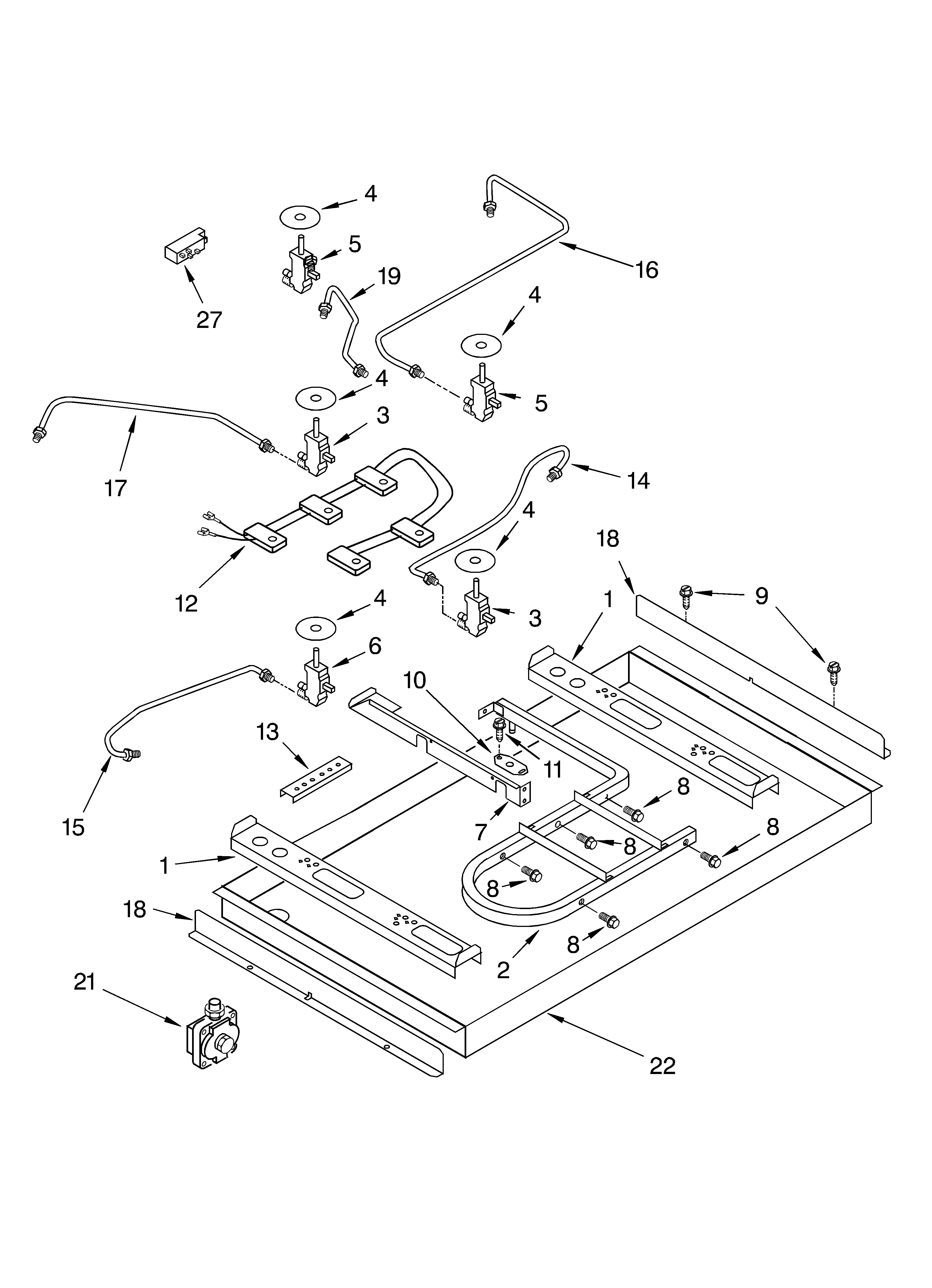 Burner box, gas valves, and switches