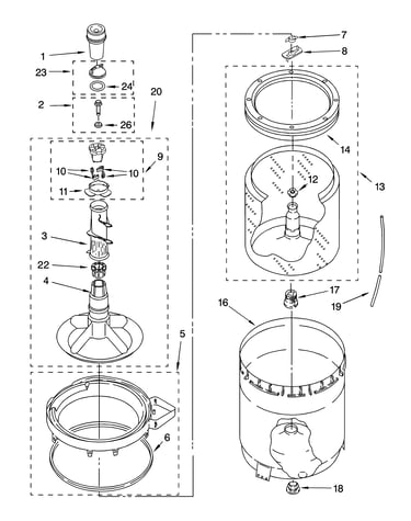 Agitator, basket and tub parts