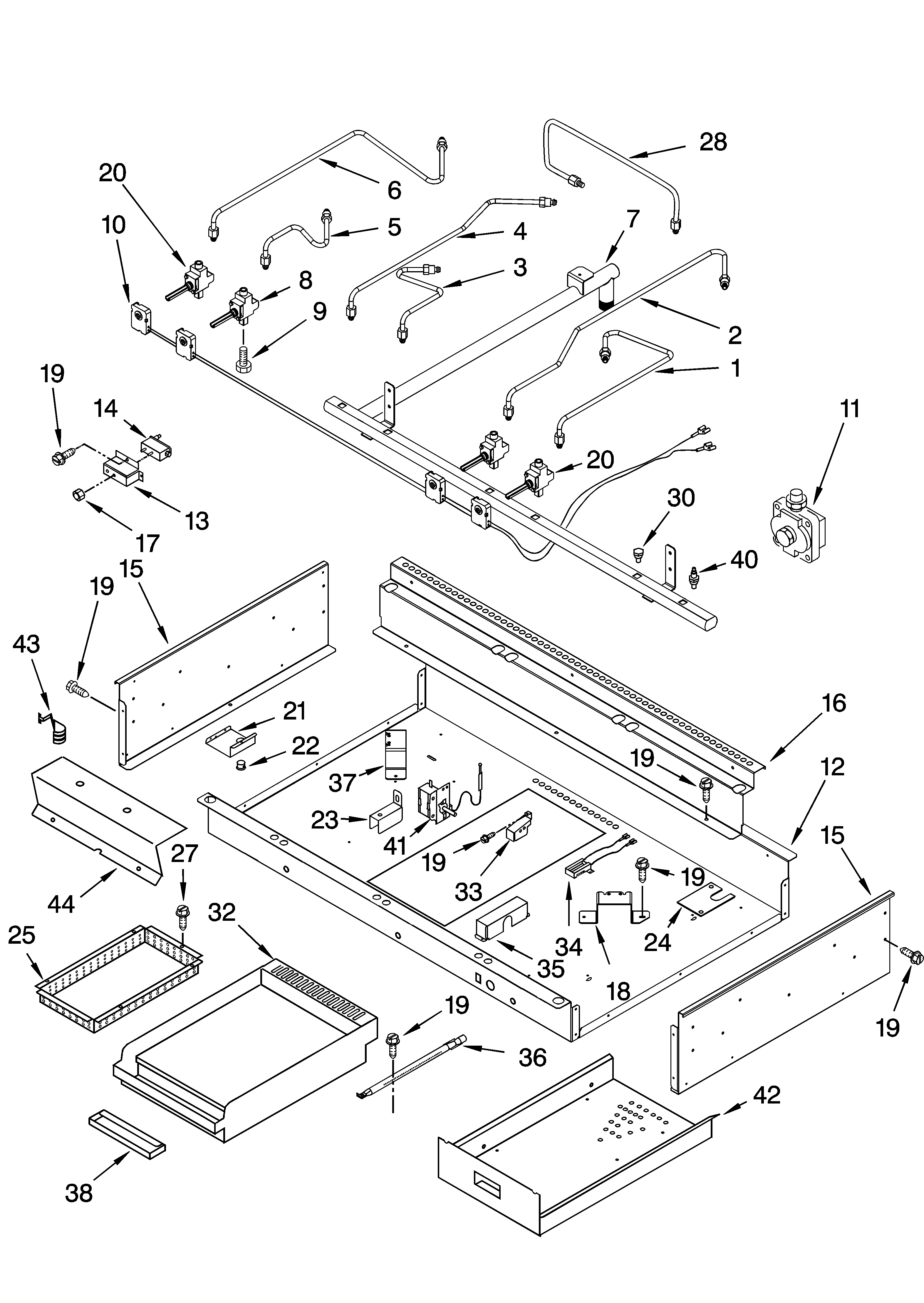Burner box, gas valves, and switches