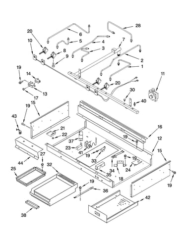 Burner box, gas valves, and switches