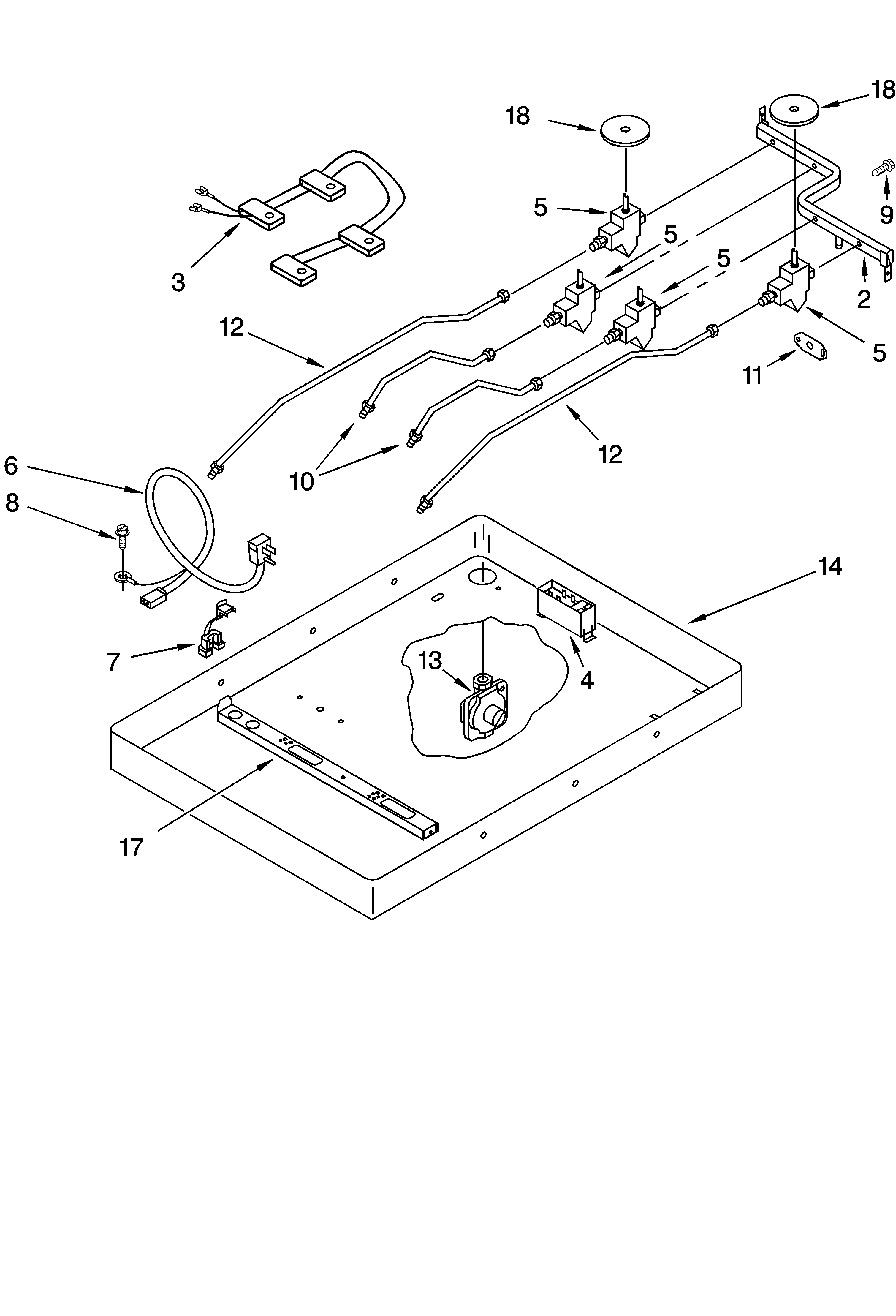 Burner box, gas valves, and switches
