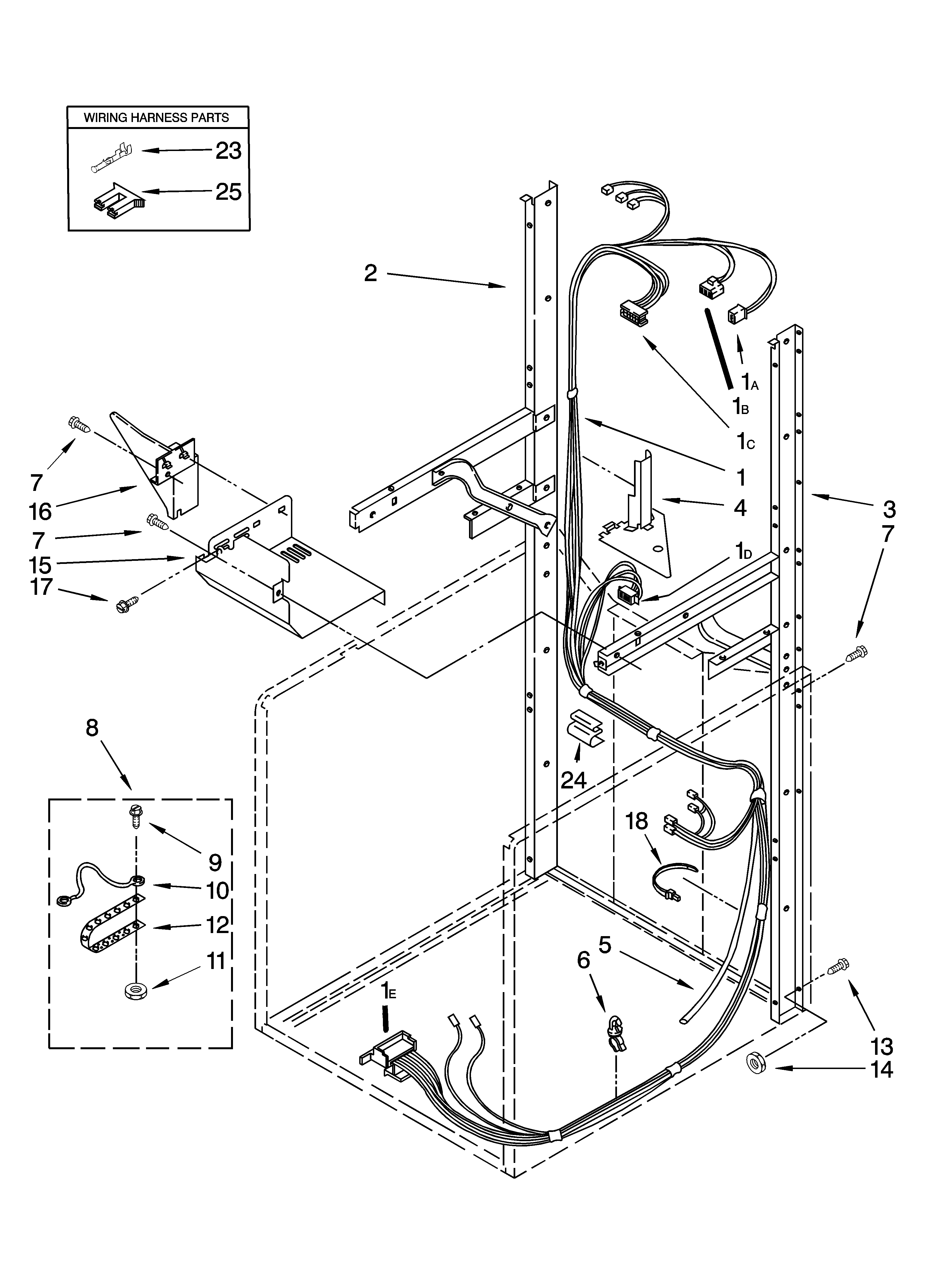 Dryer support and washer harness parts