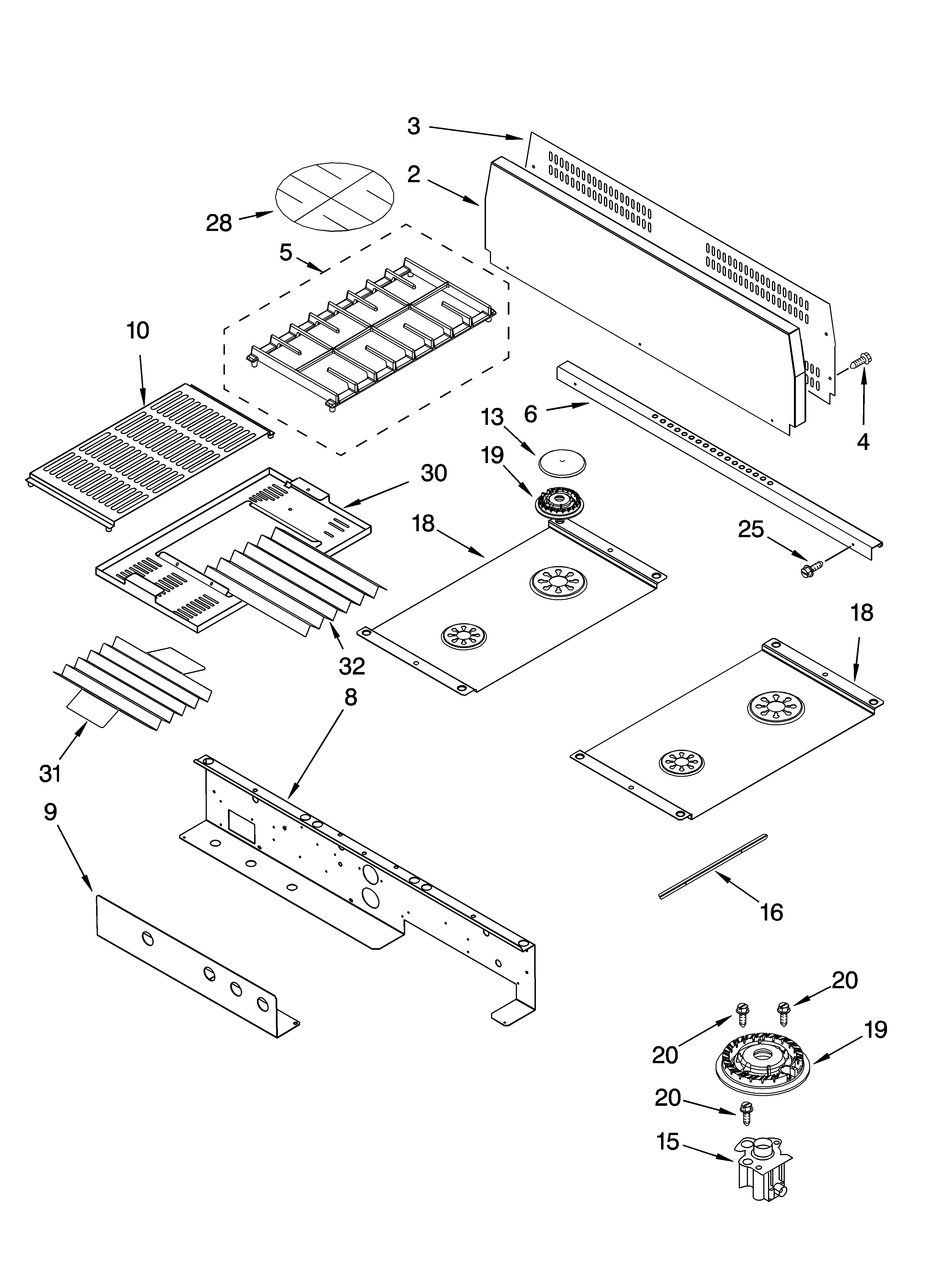 Cooktop, burner and grate parts