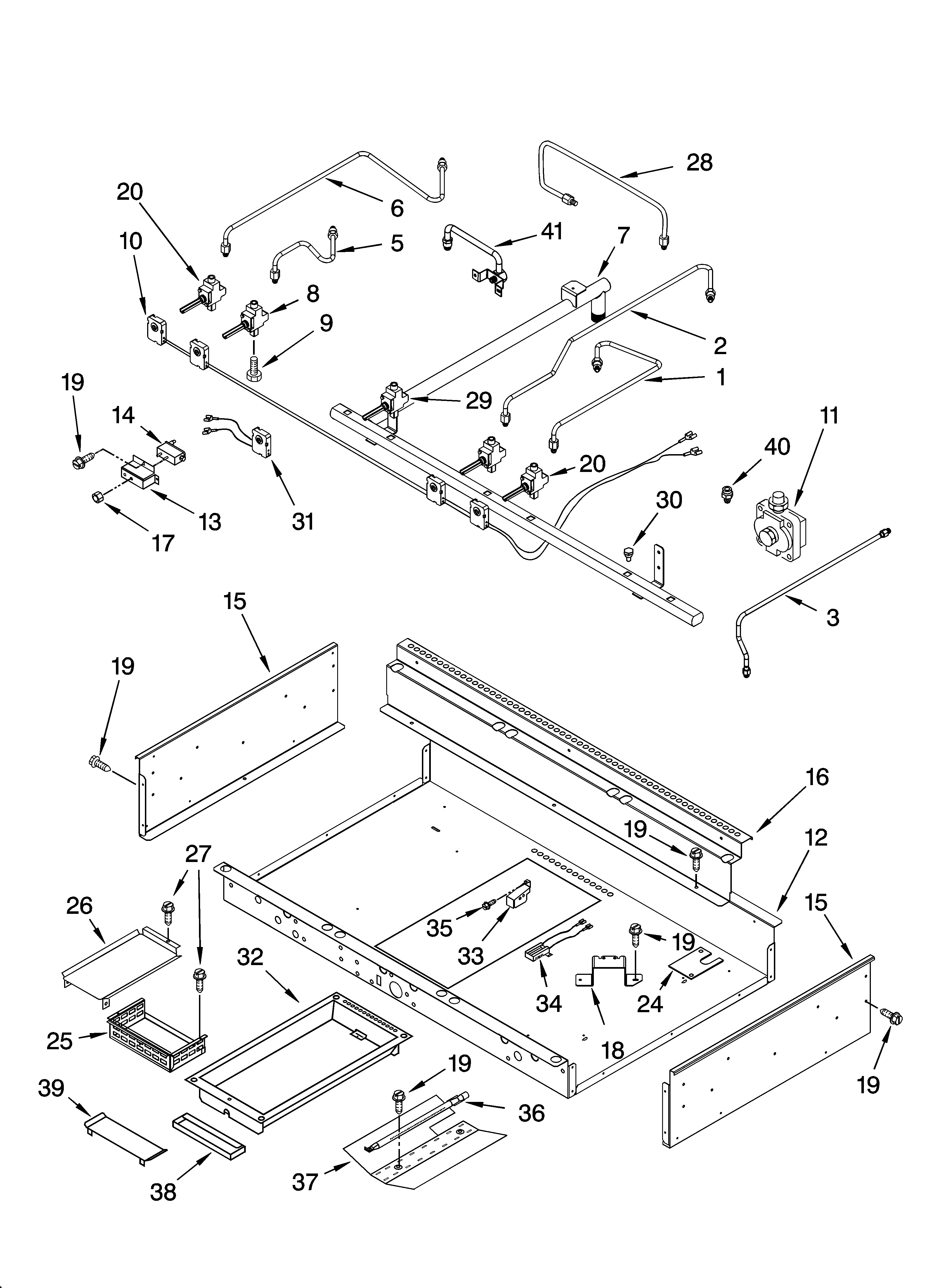 Burner box, gas valves, and switches