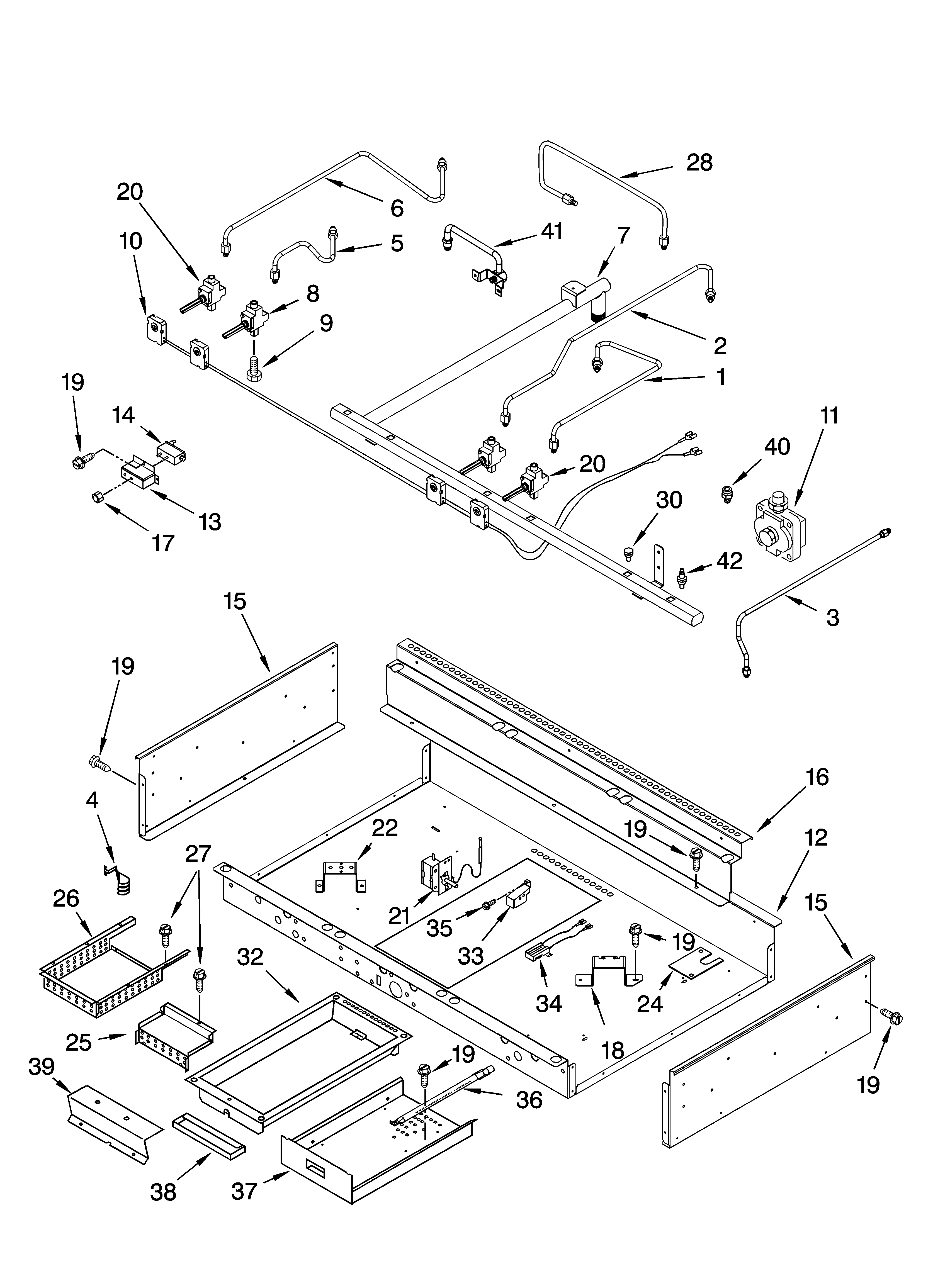 Burner box, gas valves, and switches