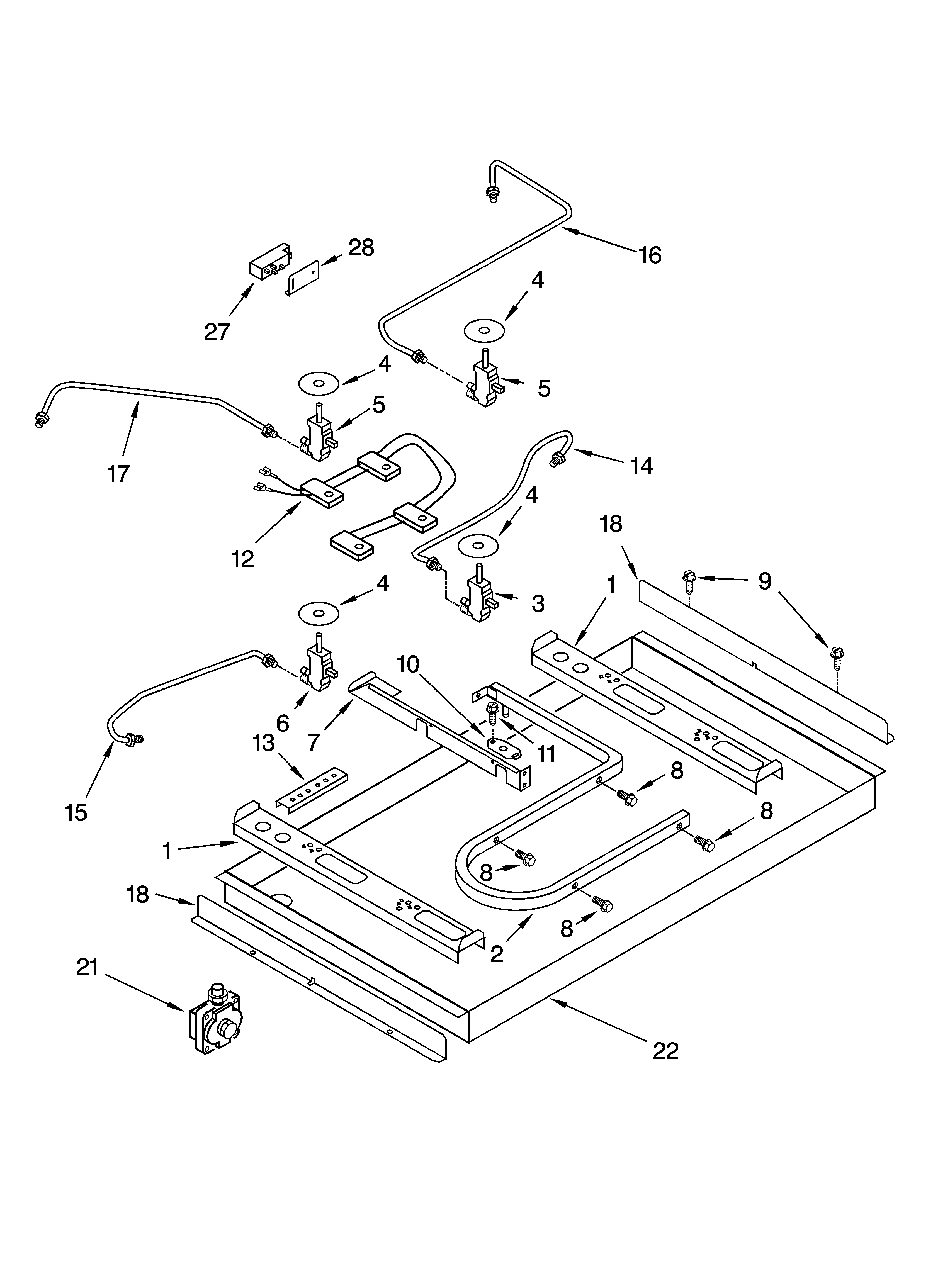 Burner box, gas valves, and switches