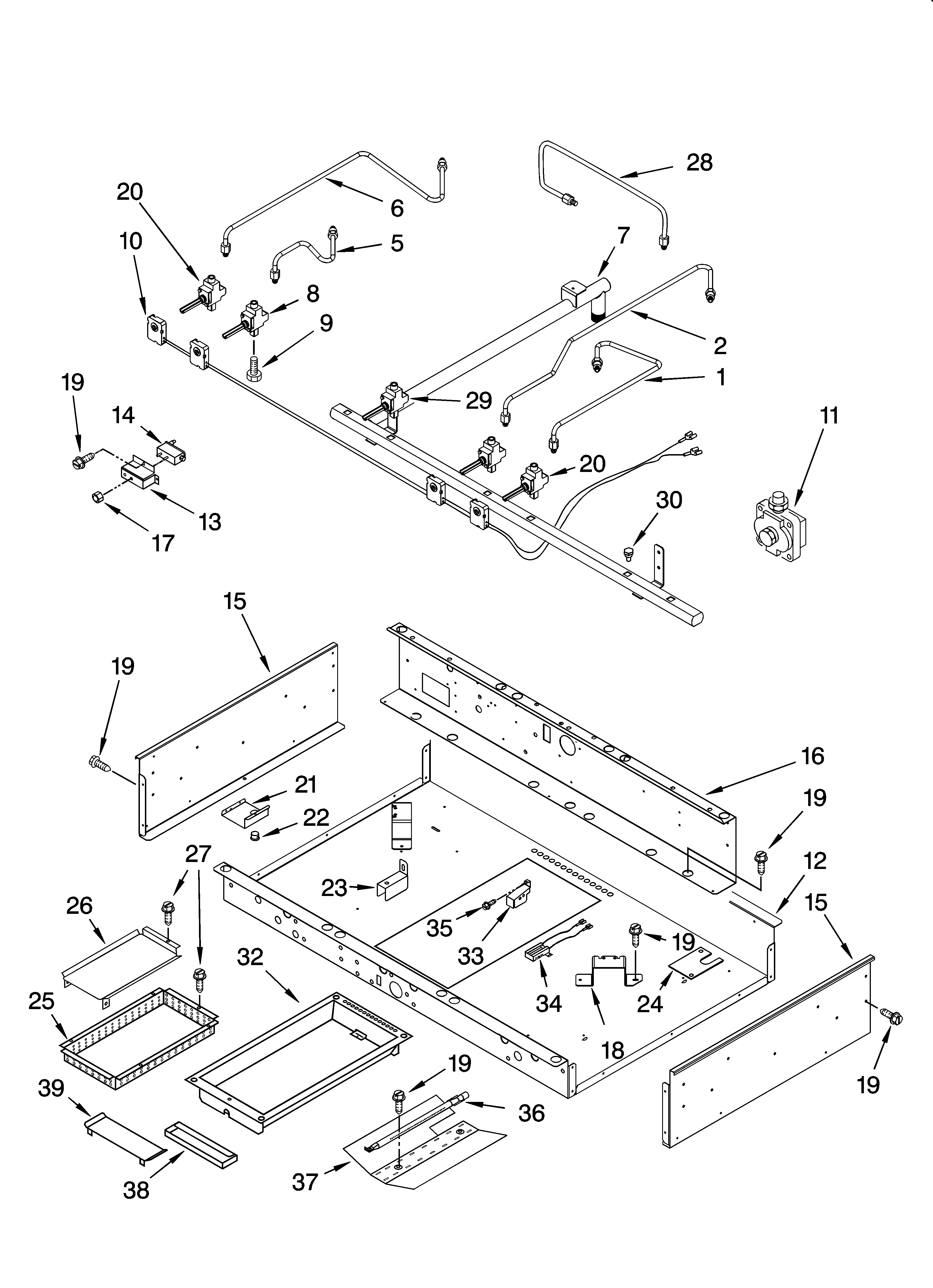 BURNER BOX, GAS VALVES, AND SWITCHES