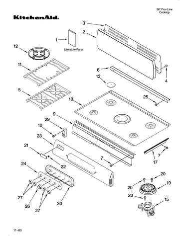 Cooktop, burner and grate parts