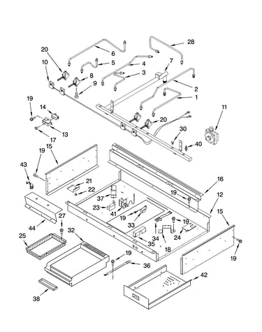 Burner box, gas valves, and switches
