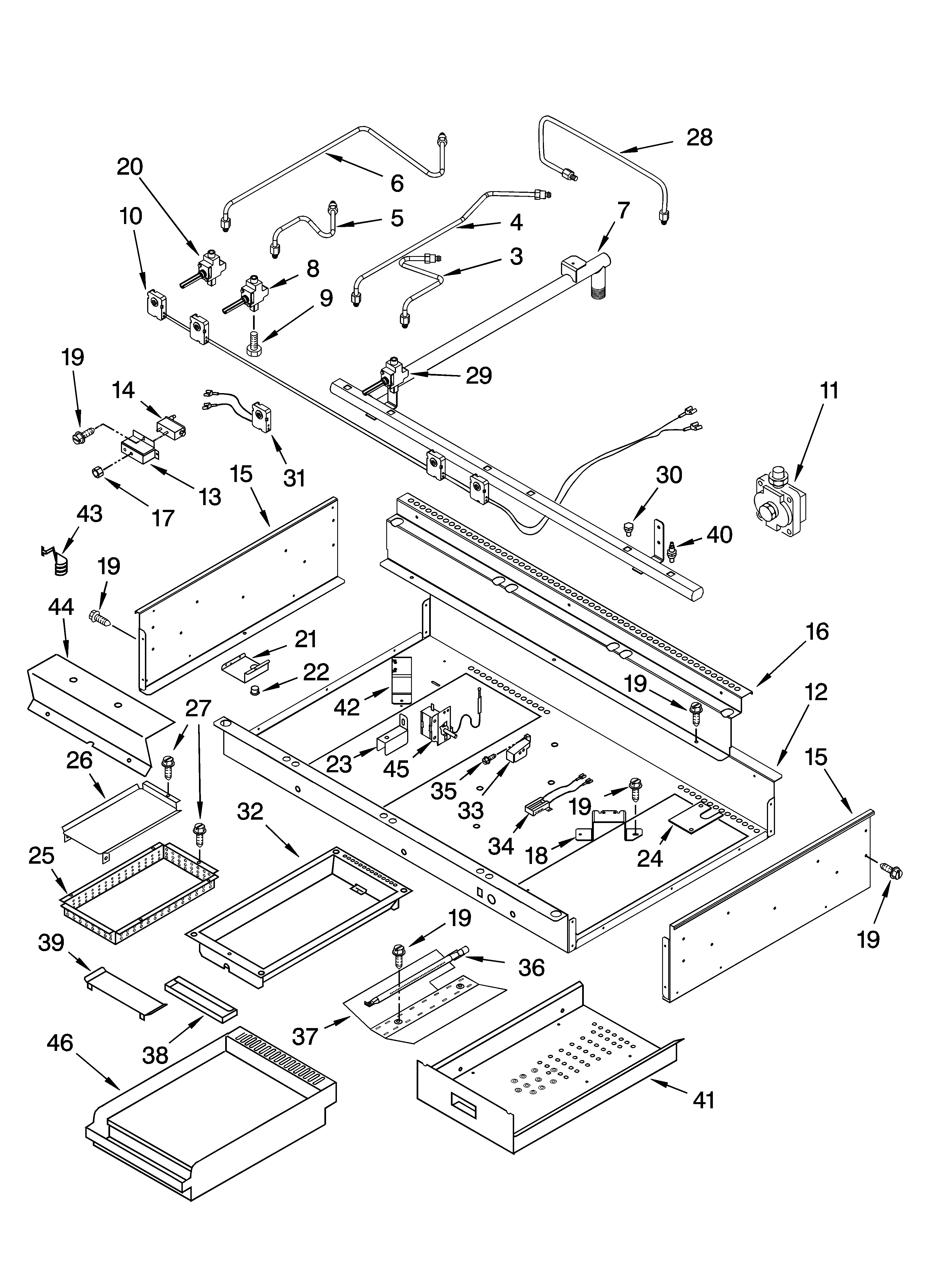 Burner box, gas valves, and switches