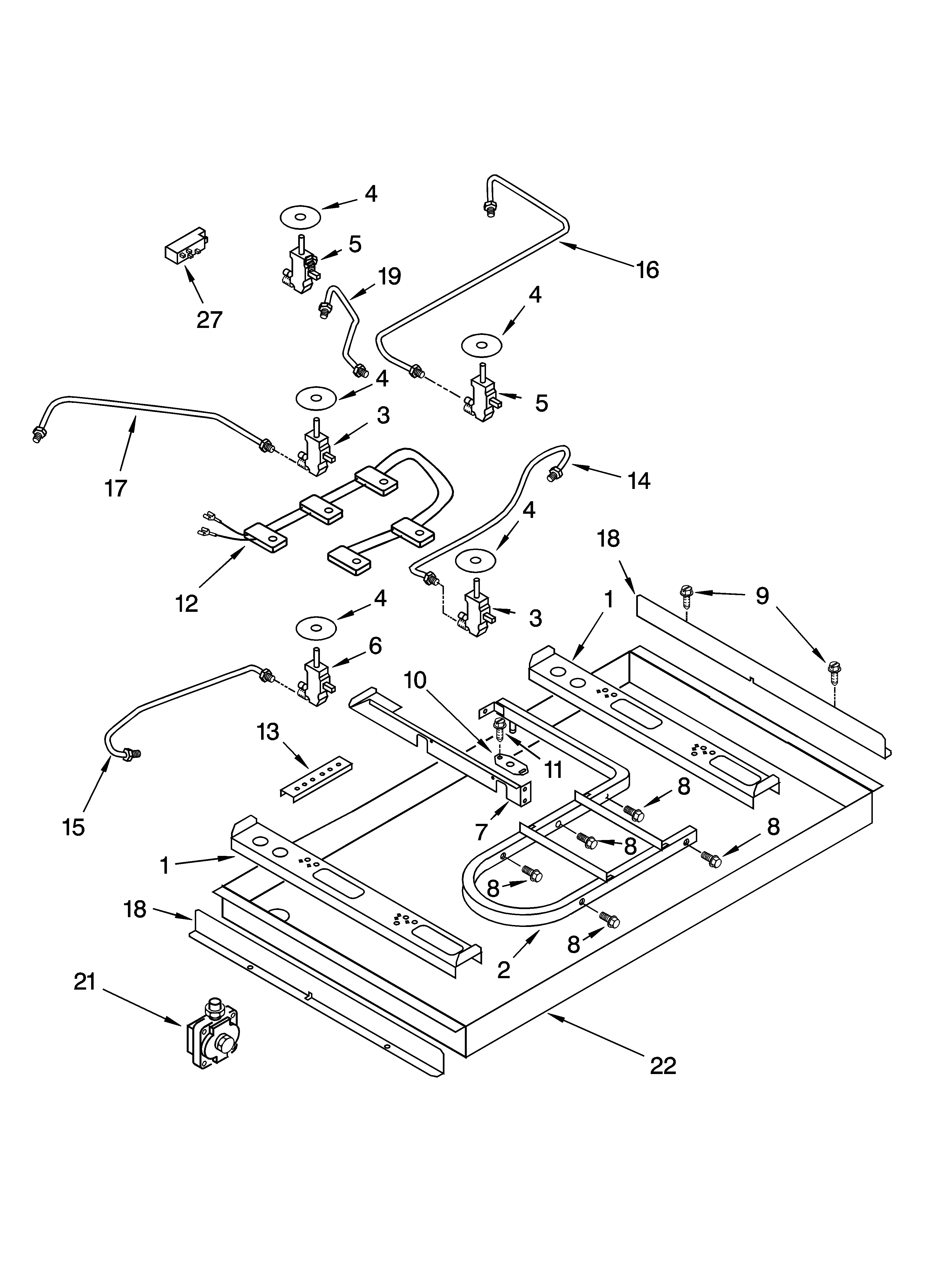 Burner box, gas valves, and switches