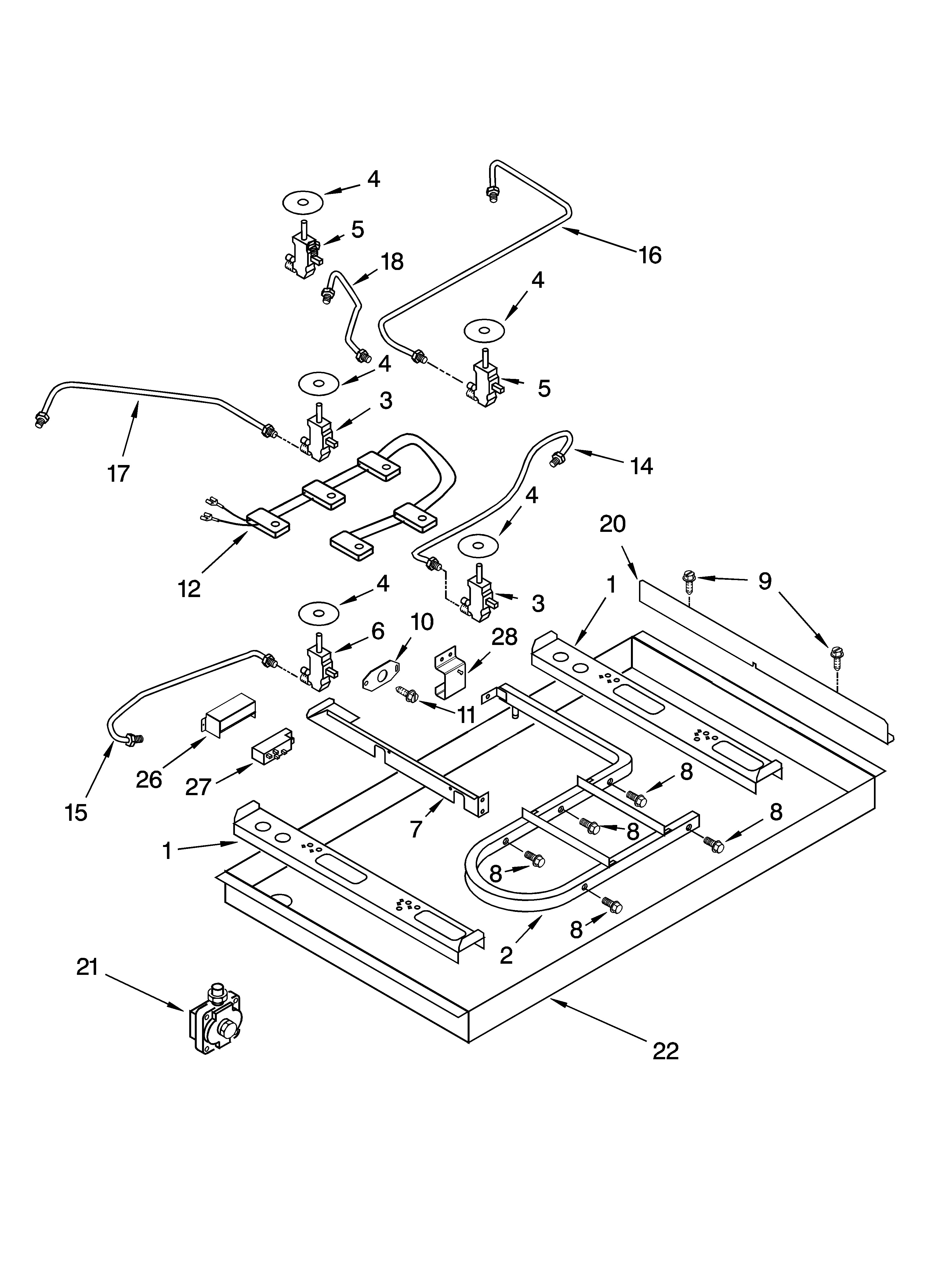Burner box, gas valves, and switches