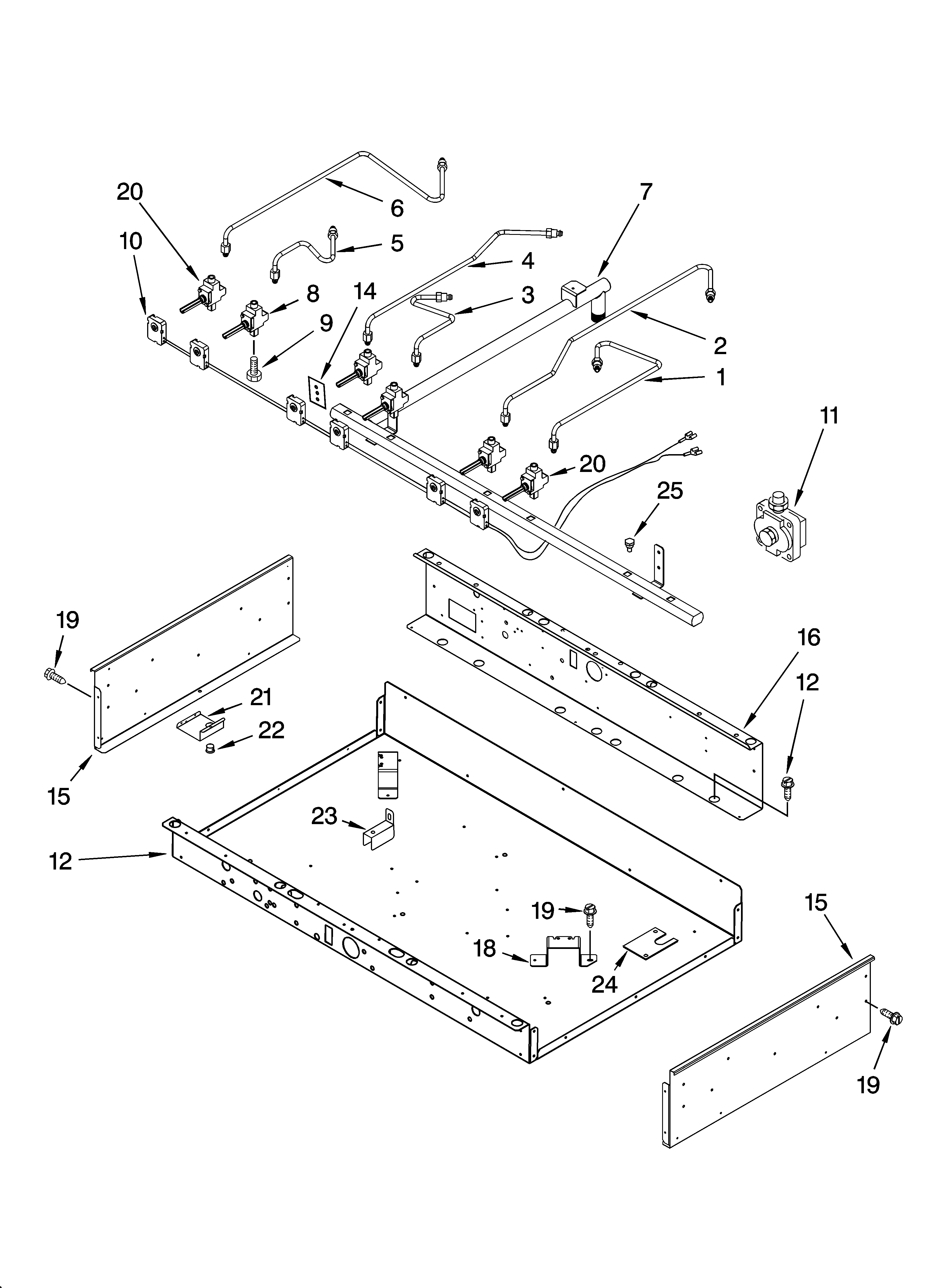 BURNER BOX, GAS VALVES, AND SWITCHES