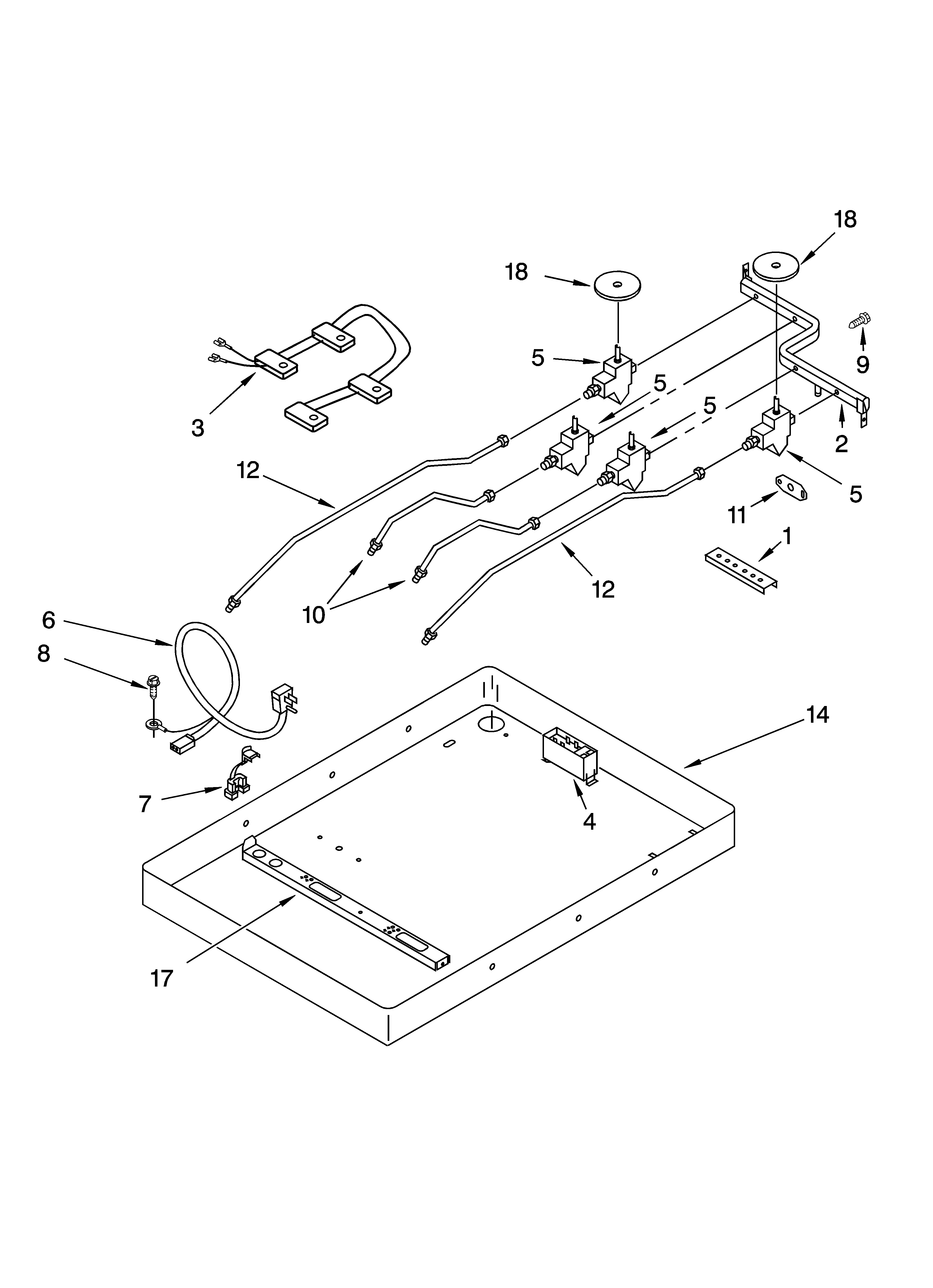 Burner box, gas valves, and switches