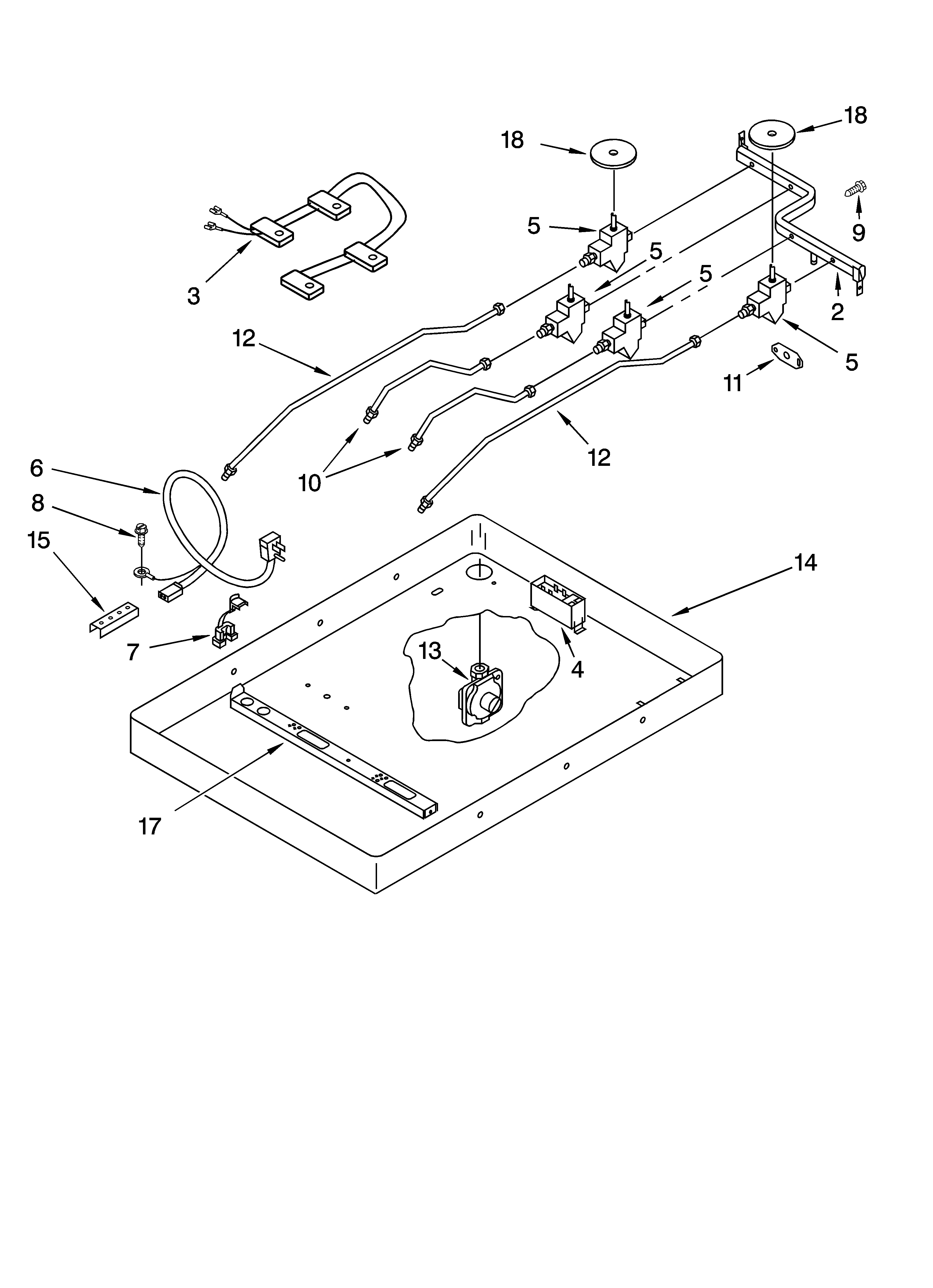 Burner box, gas valves, and switches