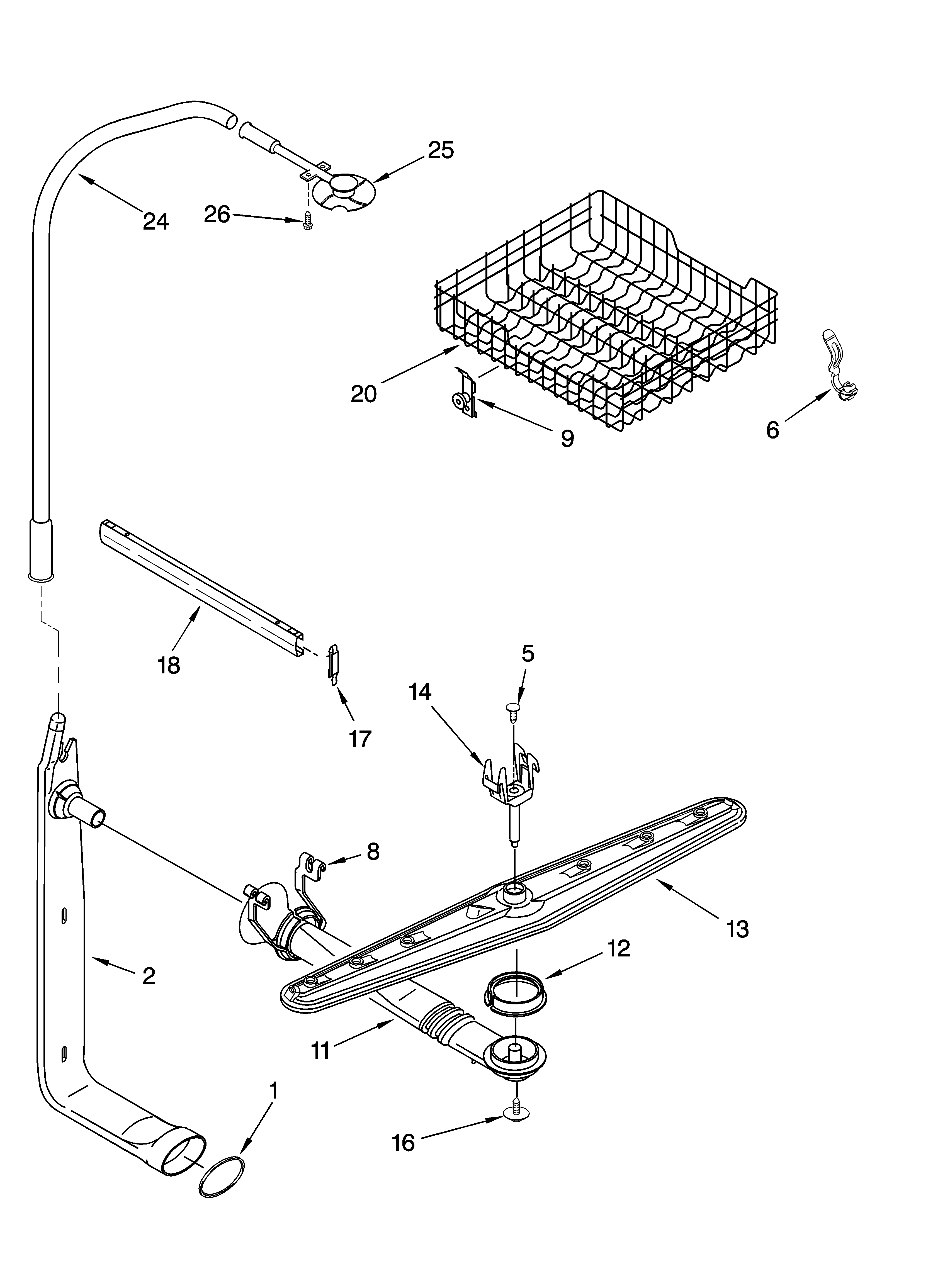 Upper dishrack and water feed parts