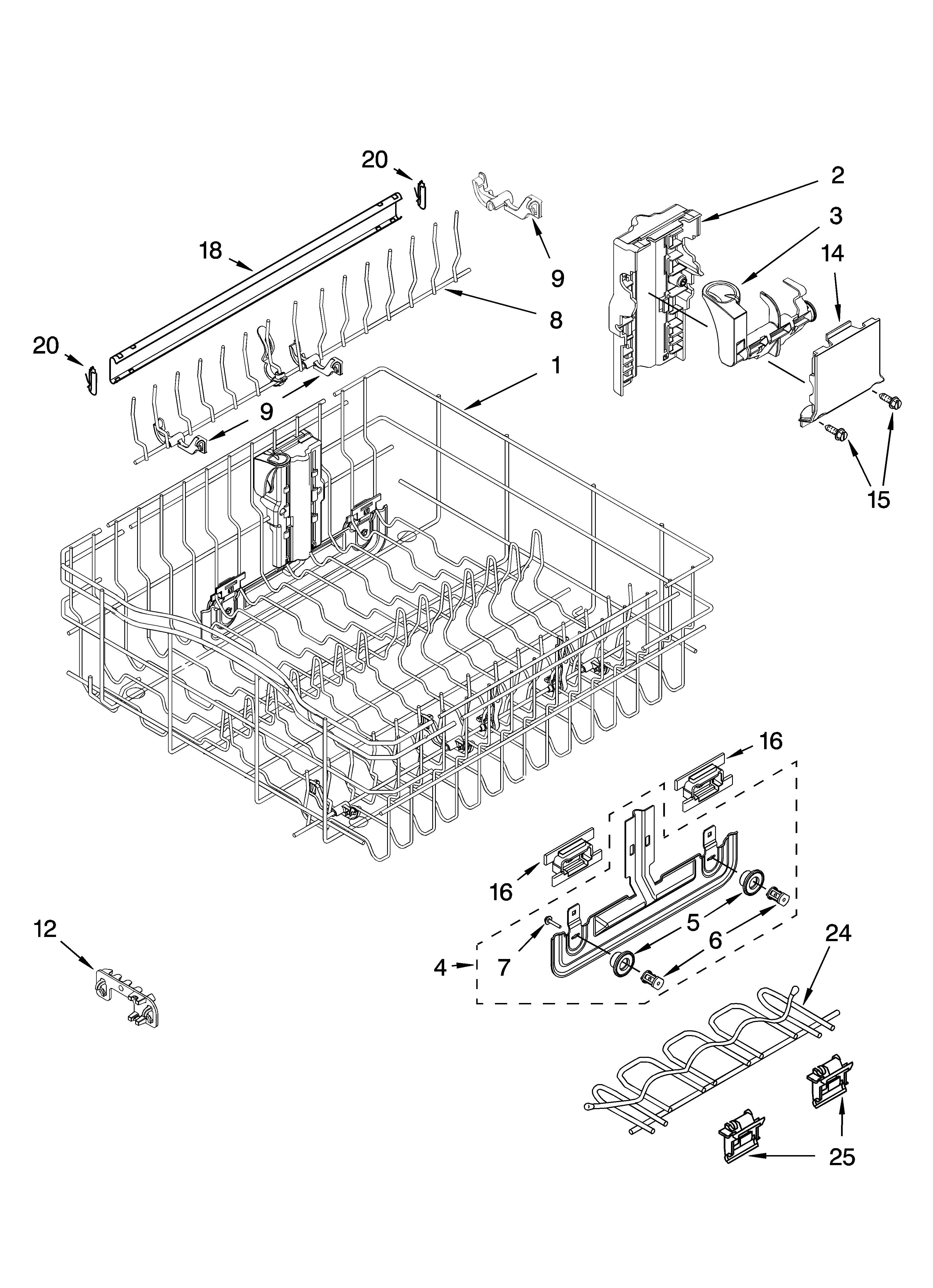 Upper rack and track parts