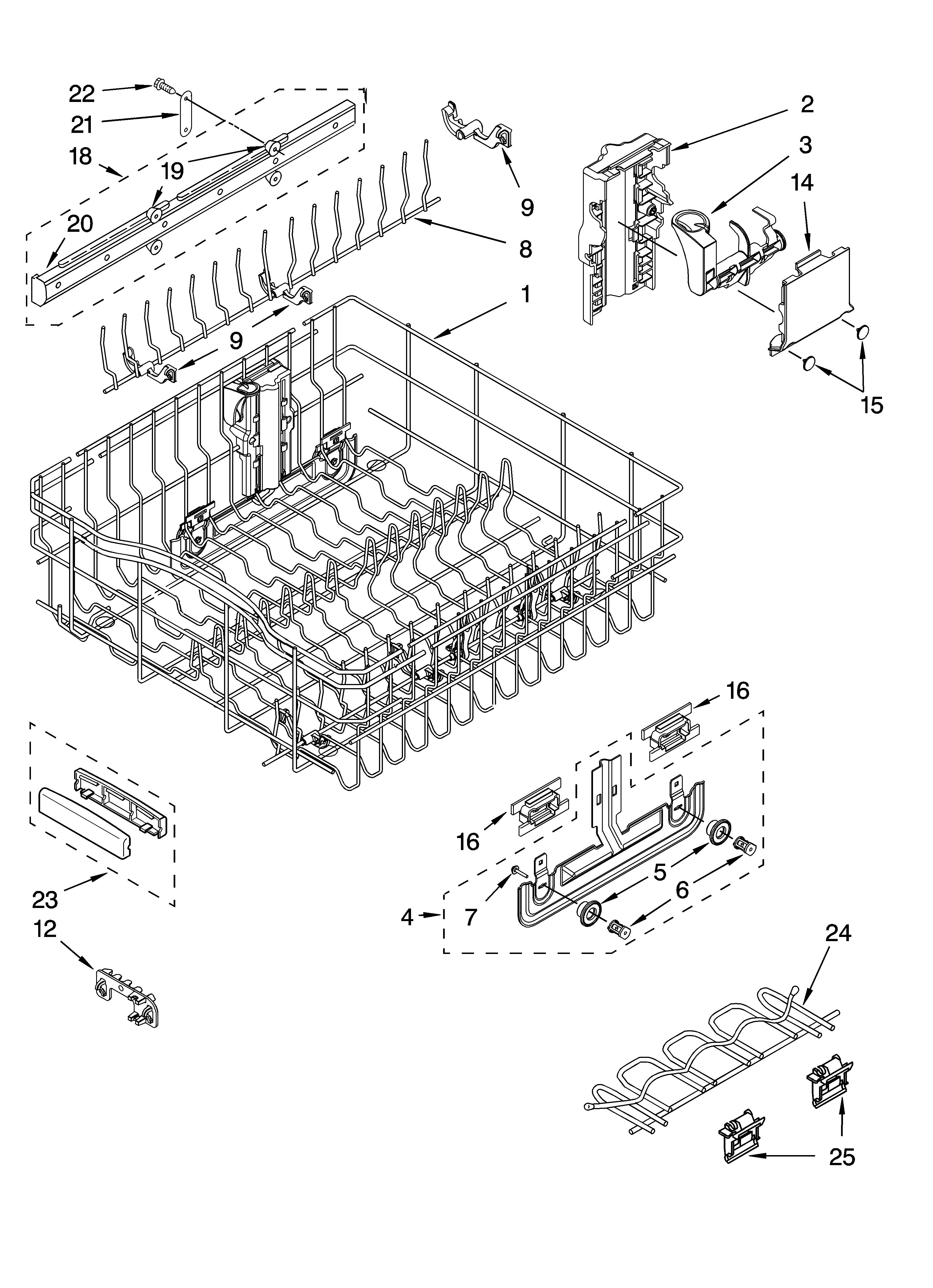 Upper rack and track parts