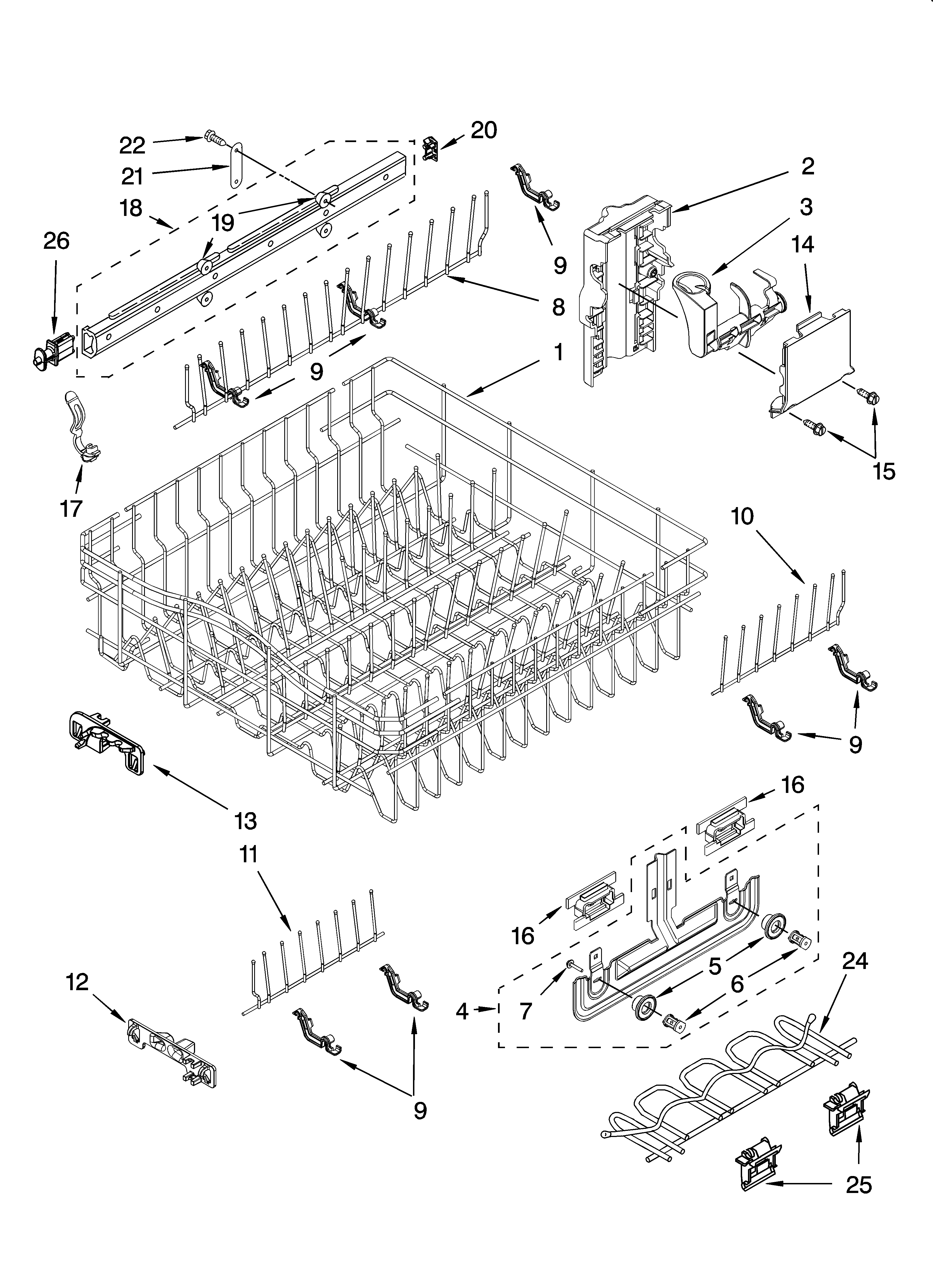 Upper rack and track parts