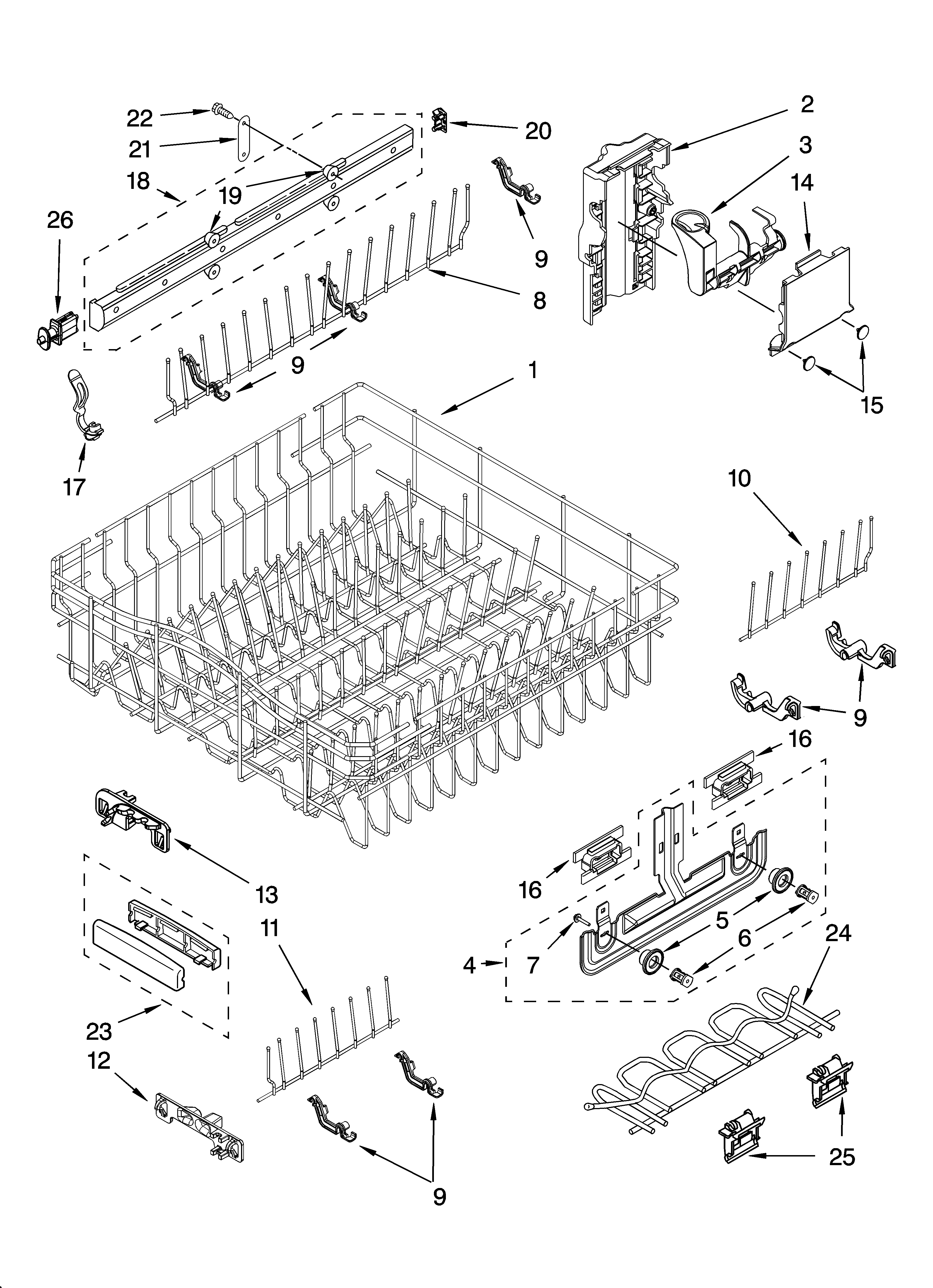 Upper rack and track parts