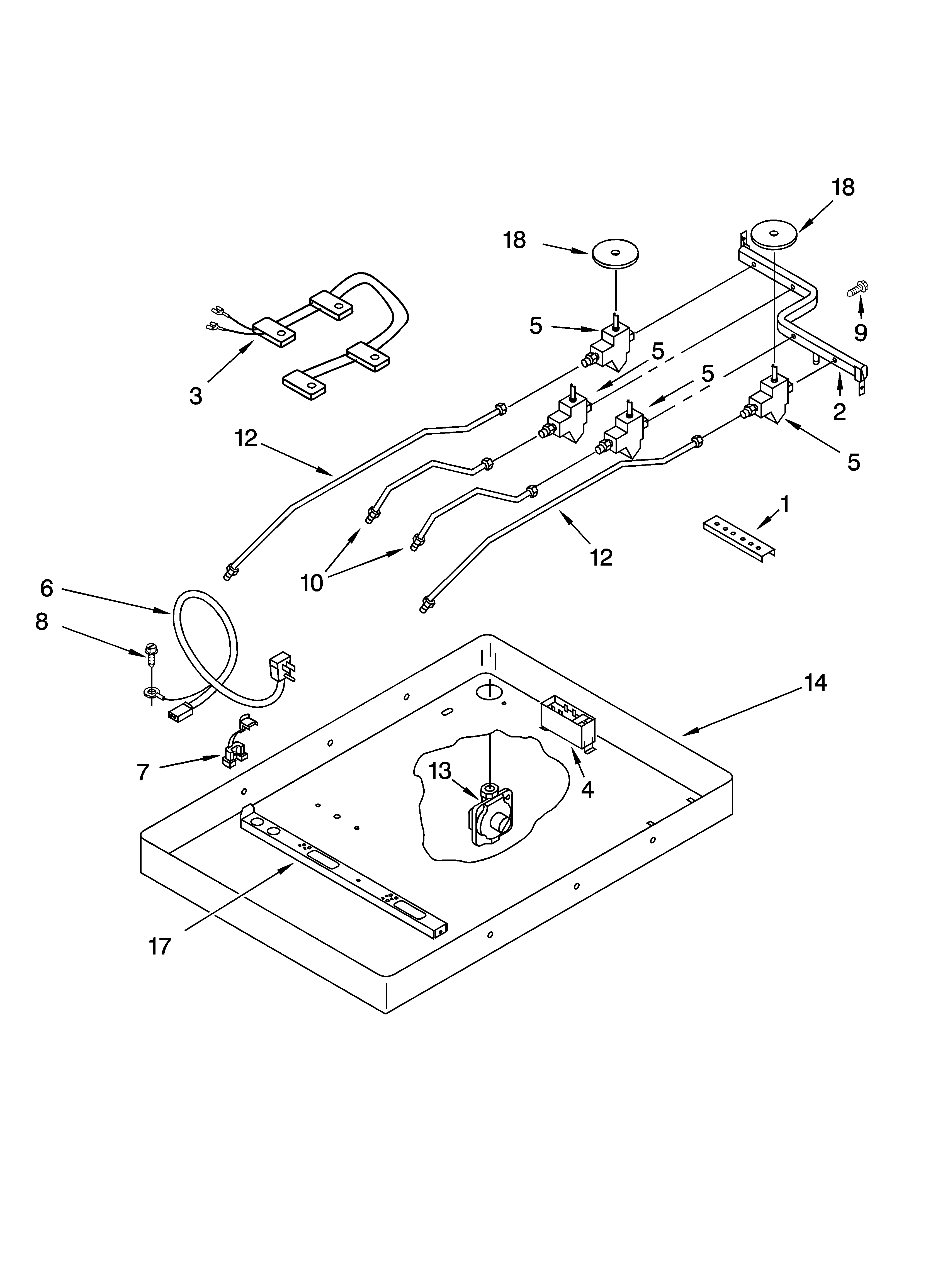 Burner box, gas valves, and switches