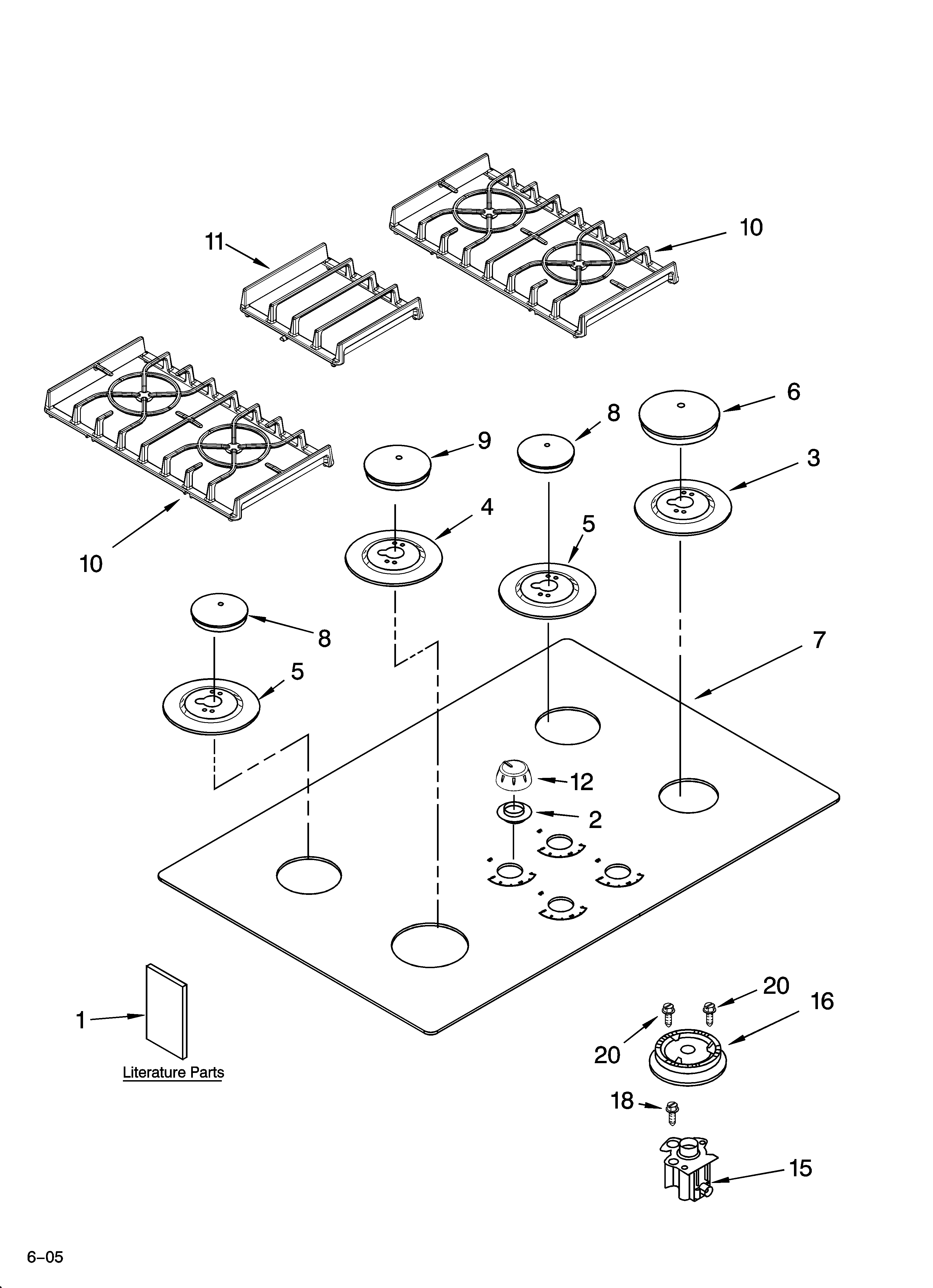 Cooktop, burner and grate parts