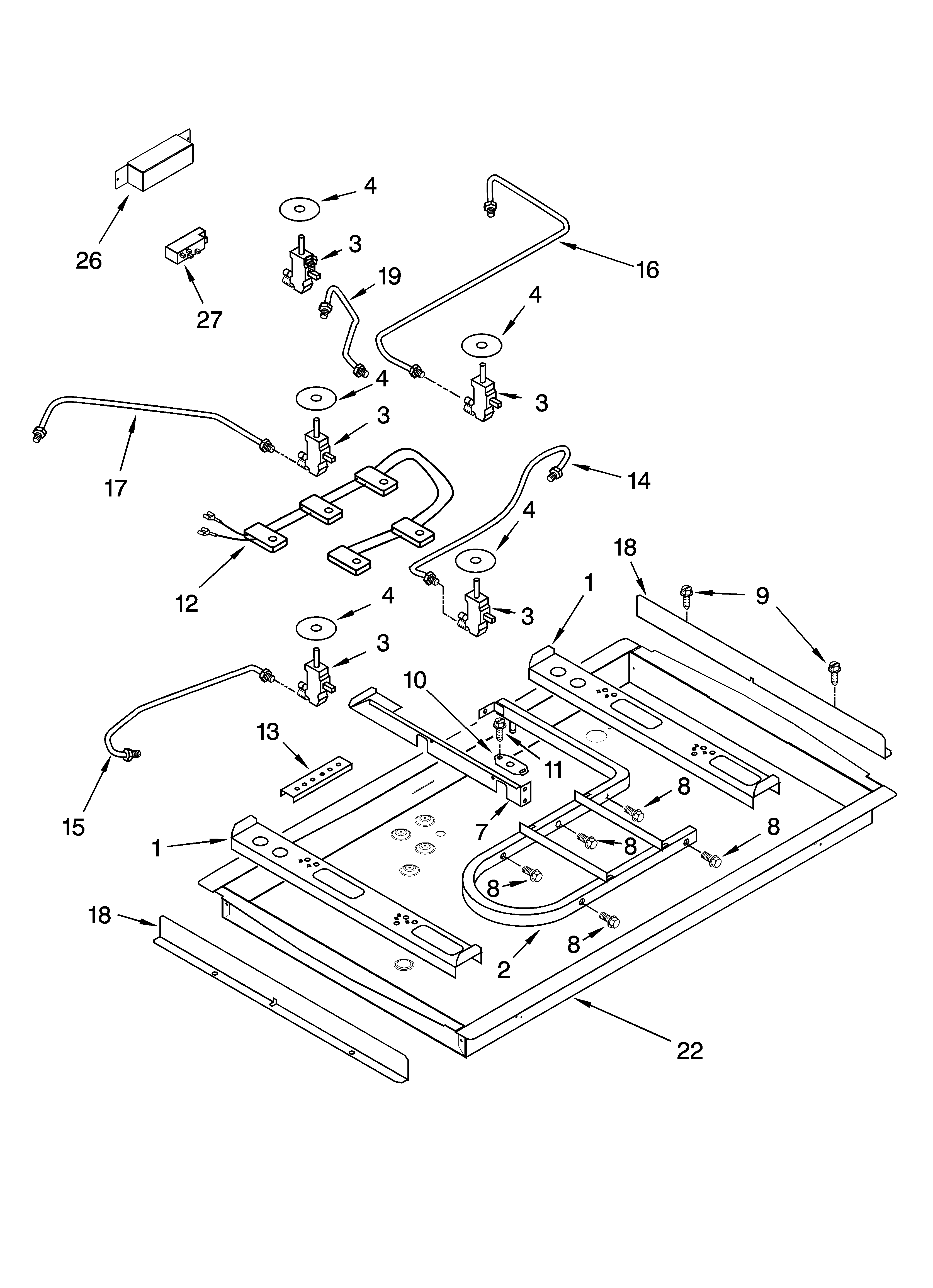 Burner box, gas valves, and switches, optional parts